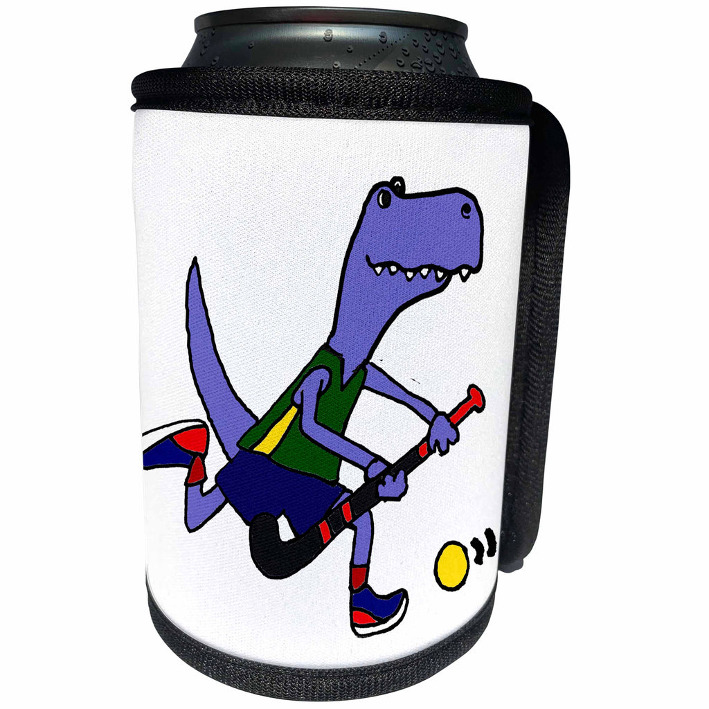 3dRose All Smiles Art Sports and Hobbies - Cute Funny T-rex Dinosaur Playing Field Hockey Cartoon - Can Cooler Bottle Wrap (cc_263782)