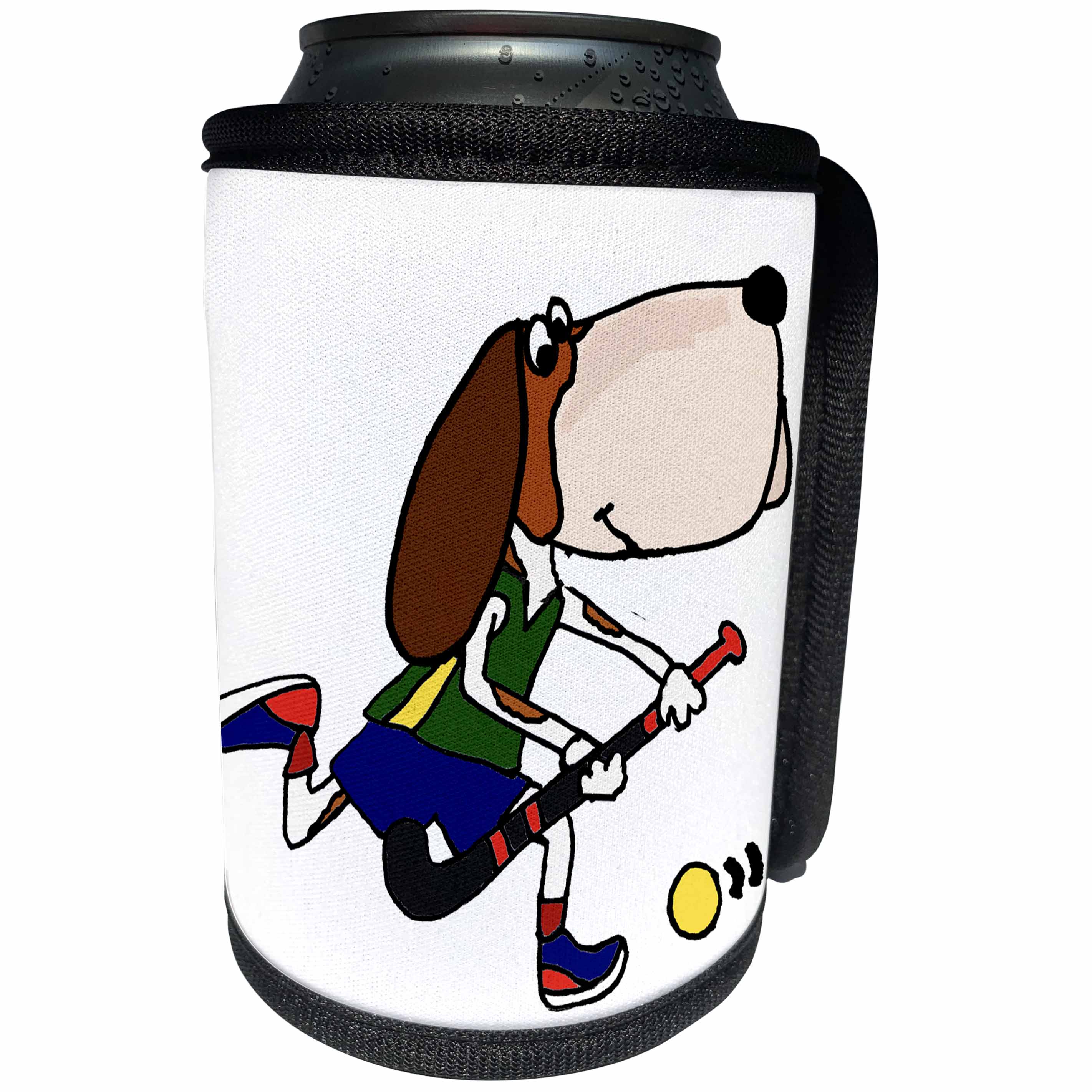 3dRose All Smiles Art Sports and Hobbies - Funny Cute Basset Hound Dog Playing Field Hockey Cartoon - Can Cooler Bottle Wrap (cc_263783)