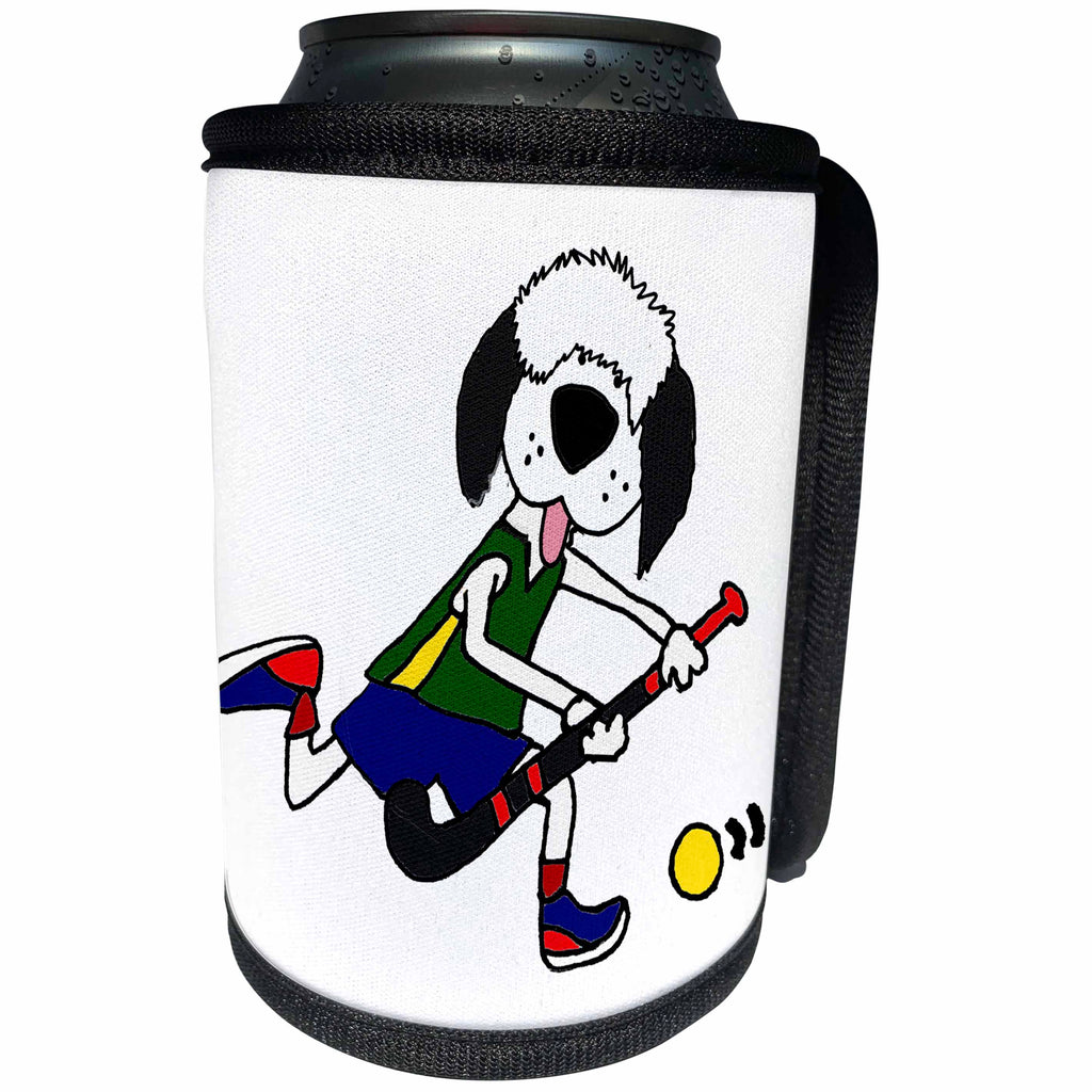 3dRose All Smiles Art Pets - Cute funny Old English Sheepdog Playing Field Hockey - Can Cooler Bottle Wrap (cc_263785)