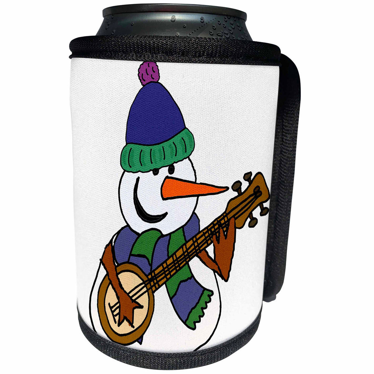 3dRose All Smiles Art Music - Funny Cute Snowman Playing Banjo Cartoon - Can Cooler Bottle Wrap (cc_263787)