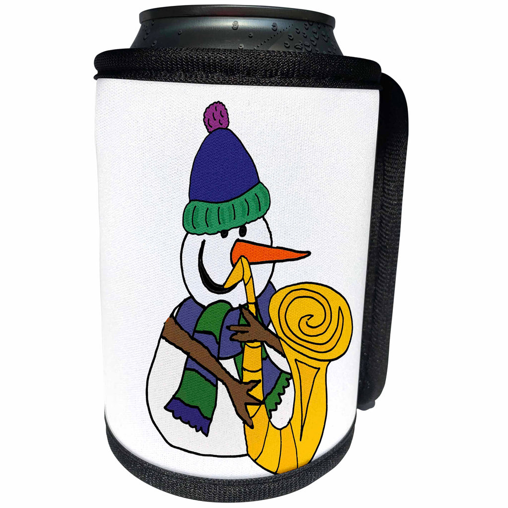 3dRose All Smiles Art Music - Cute Funny Snowman Playing Saxophone Cartoon - Can Cooler Bottle Wrap (cc_263788)