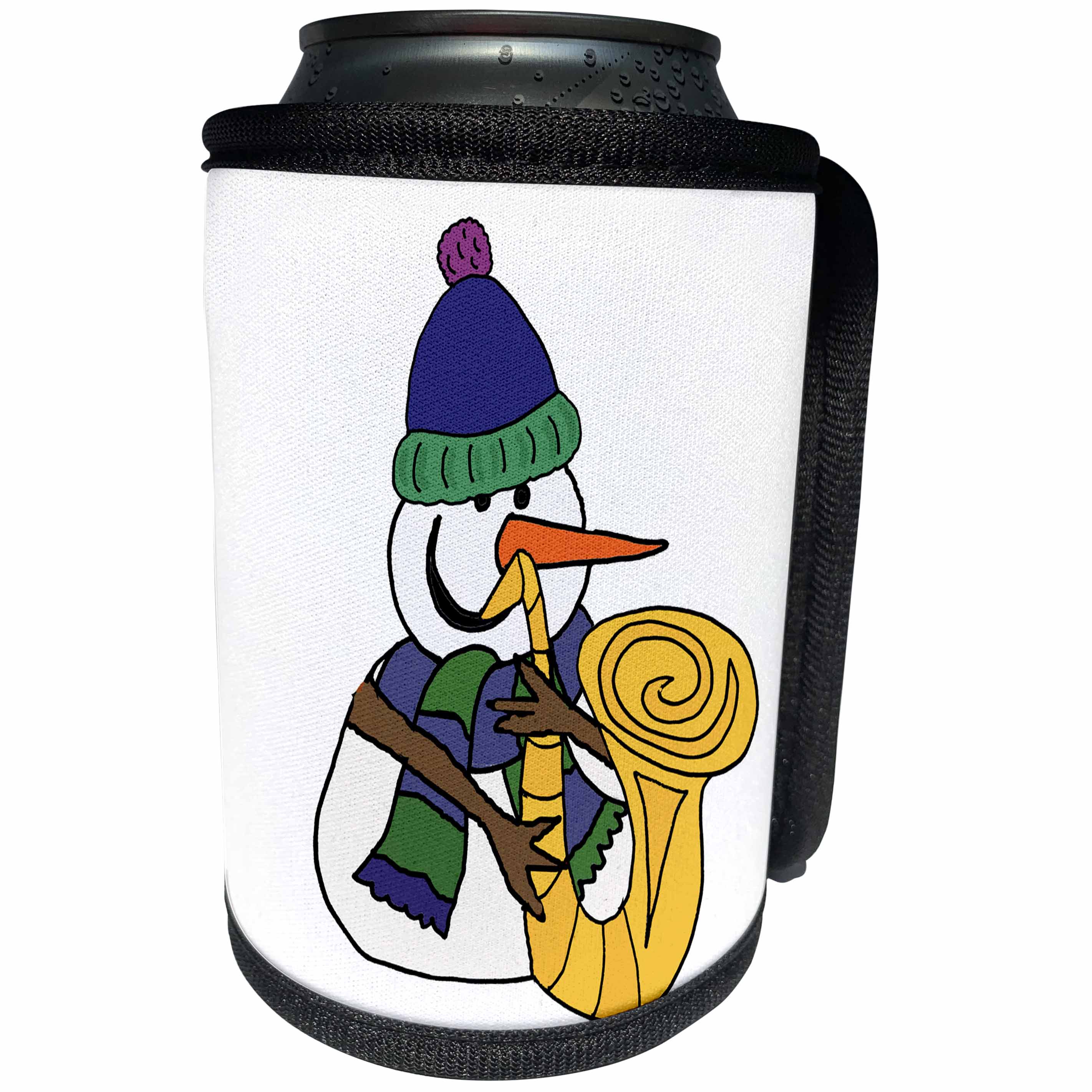 3dRose All Smiles Art Music - Cute Funny Snowman Playing Saxophone Cartoon - Can Cooler Bottle Wrap (cc_263788)