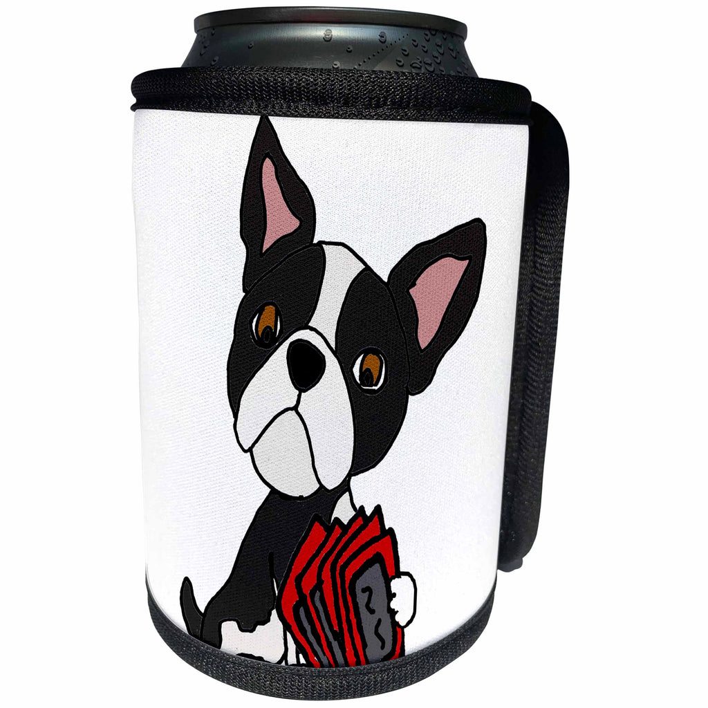 3dRose All Smiles Art Pets - Funny Cute Boston Terrier Dog Playing Card Game - Can Cooler Bottle Wrap (cc_263793)