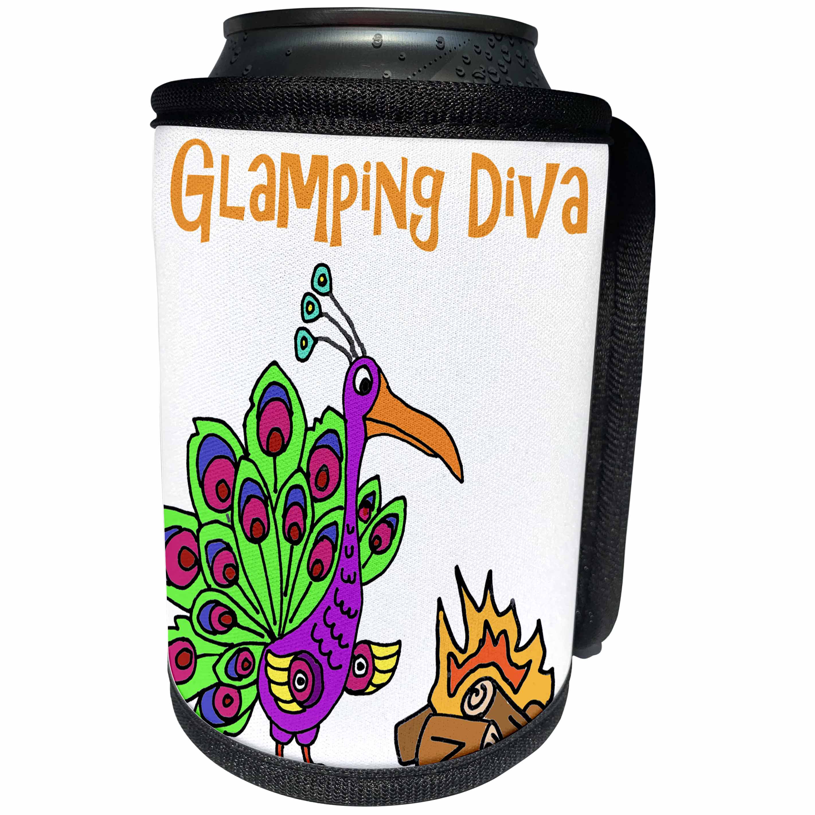 3dRose All Smiles Art Sports and Hobbies - Funny Cute Peacock Glamping Diva Cartoon - Can Cooler Bottle Wrap (cc_263800)
