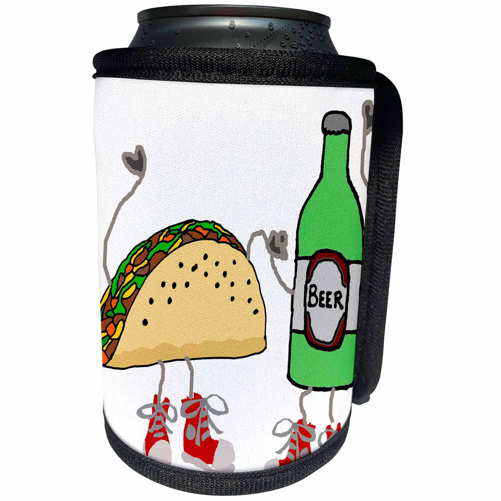 3dRose All Smiles Art Food - Silly Funny Taco and Beer Cartoon Characters in High Tops - Can Cooler Bottle Wrap (cc_263803)