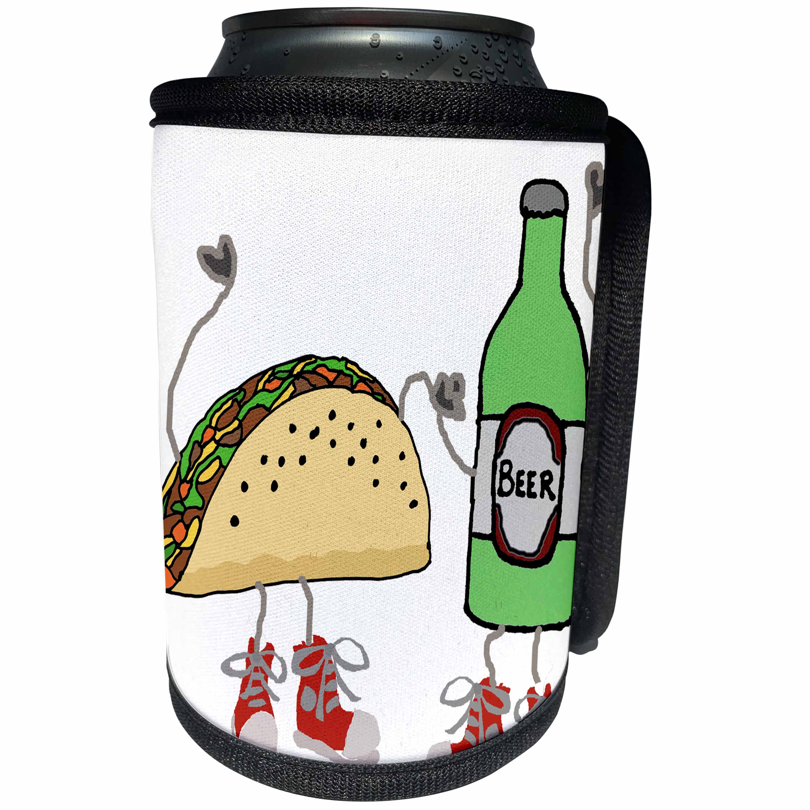 3dRose All Smiles Art Food - Silly Funny Taco and Beer Cartoon Characters in High Tops - Can Cooler Bottle Wrap (cc_263803)