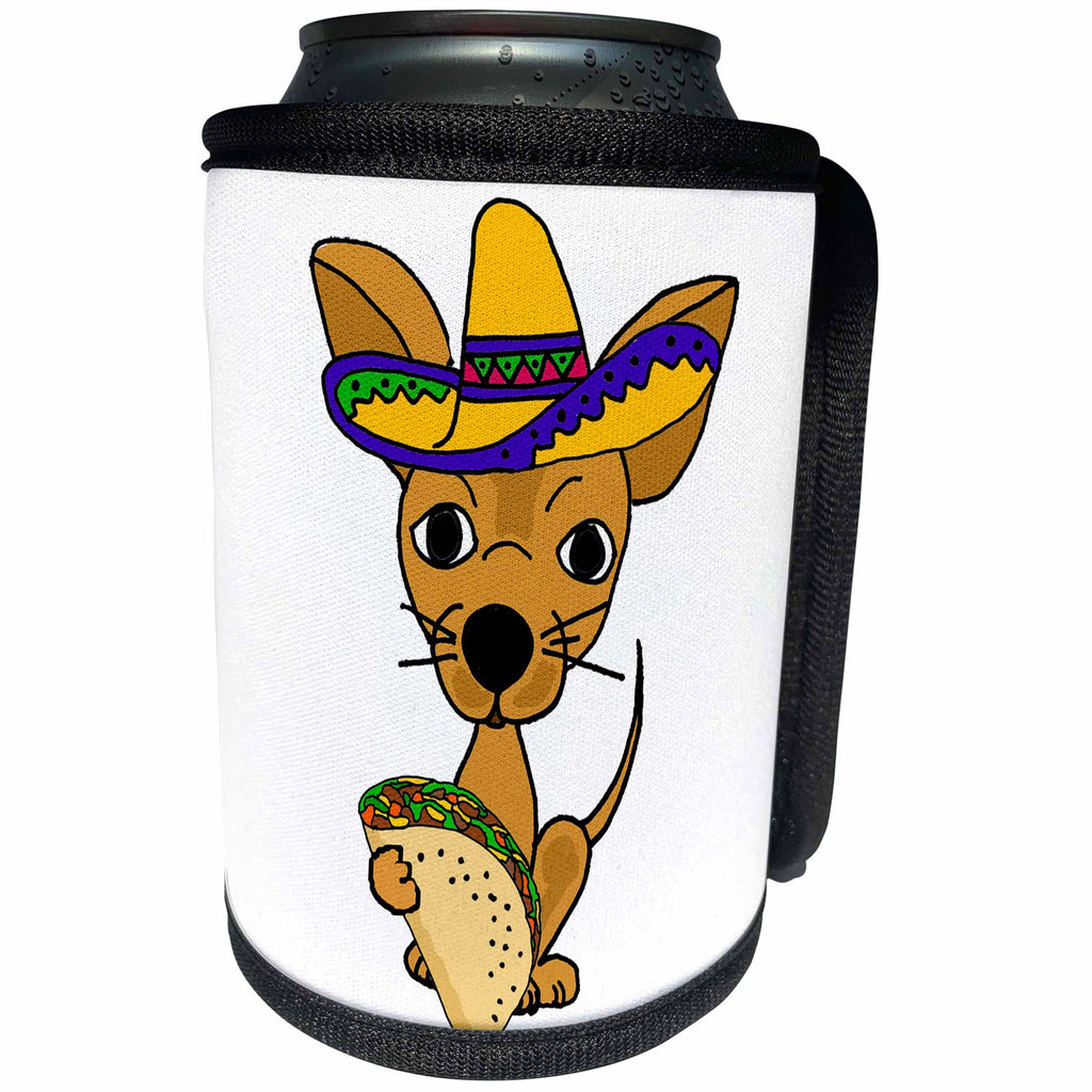 3dRose All Smiles Art Pets - Cute Funny Chihuahua Dog in Sombrero eating Taco Cartoon - Can Cooler Bottle Wrap (cc_263806)