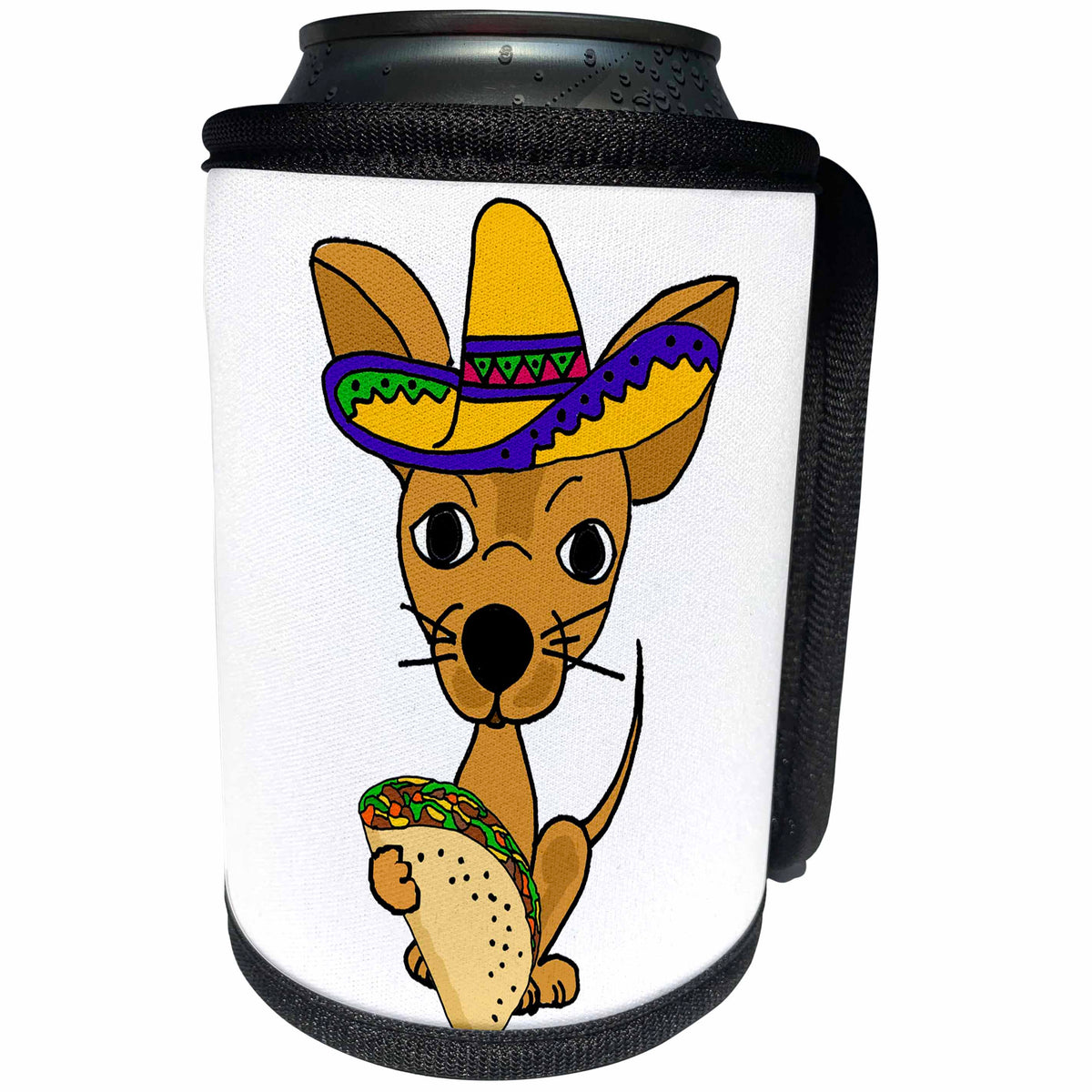 3dRose All Smiles Art Pets - Cute Funny Chihuahua Dog in Sombrero eating Taco Cartoon - Can Cooler Bottle Wrap (cc_263806)