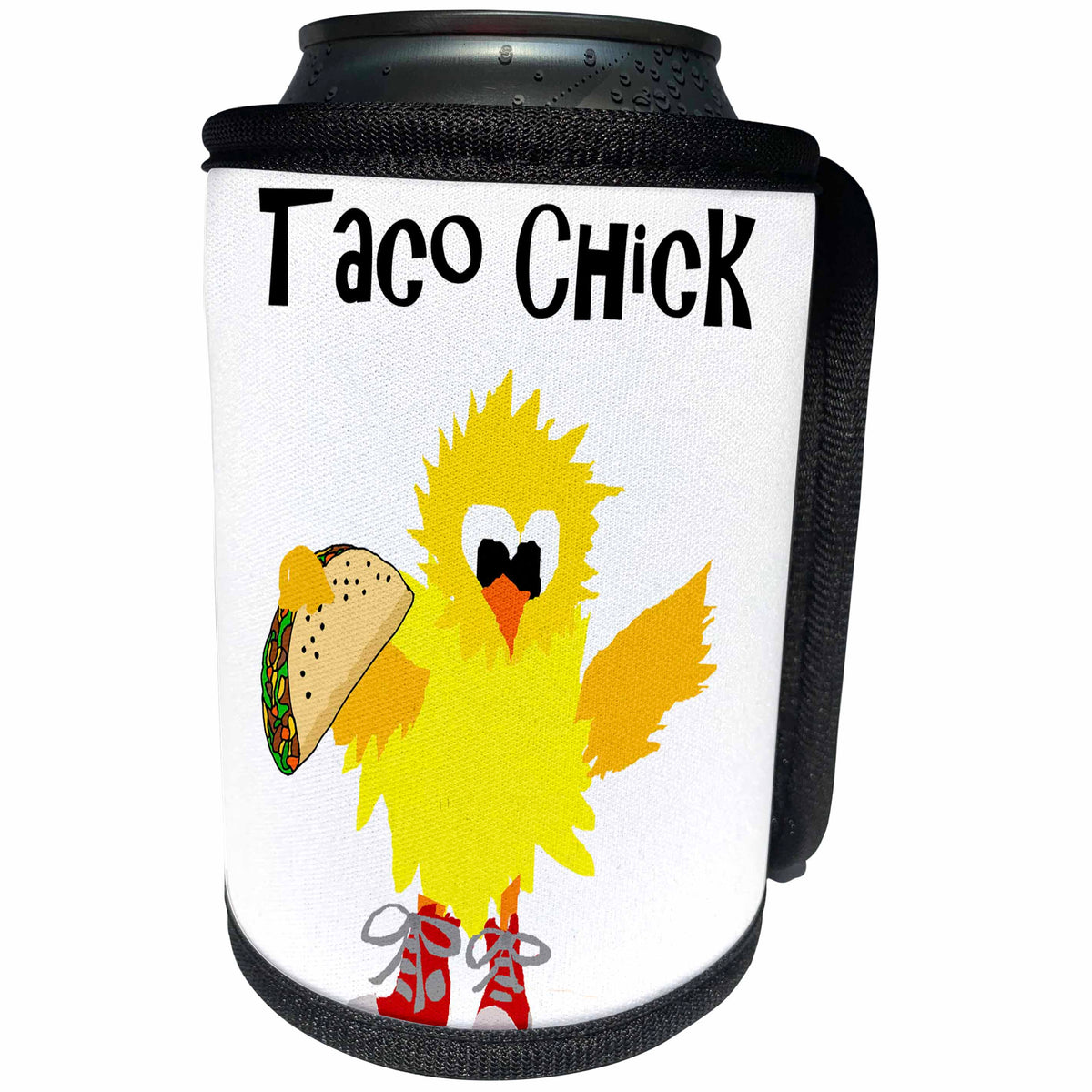 3dRose All Smiles Art Food - Funny Cute Taco Chick Cartoon with Chicken eating Taco - Can Cooler Bottle Wrap (cc_263808)