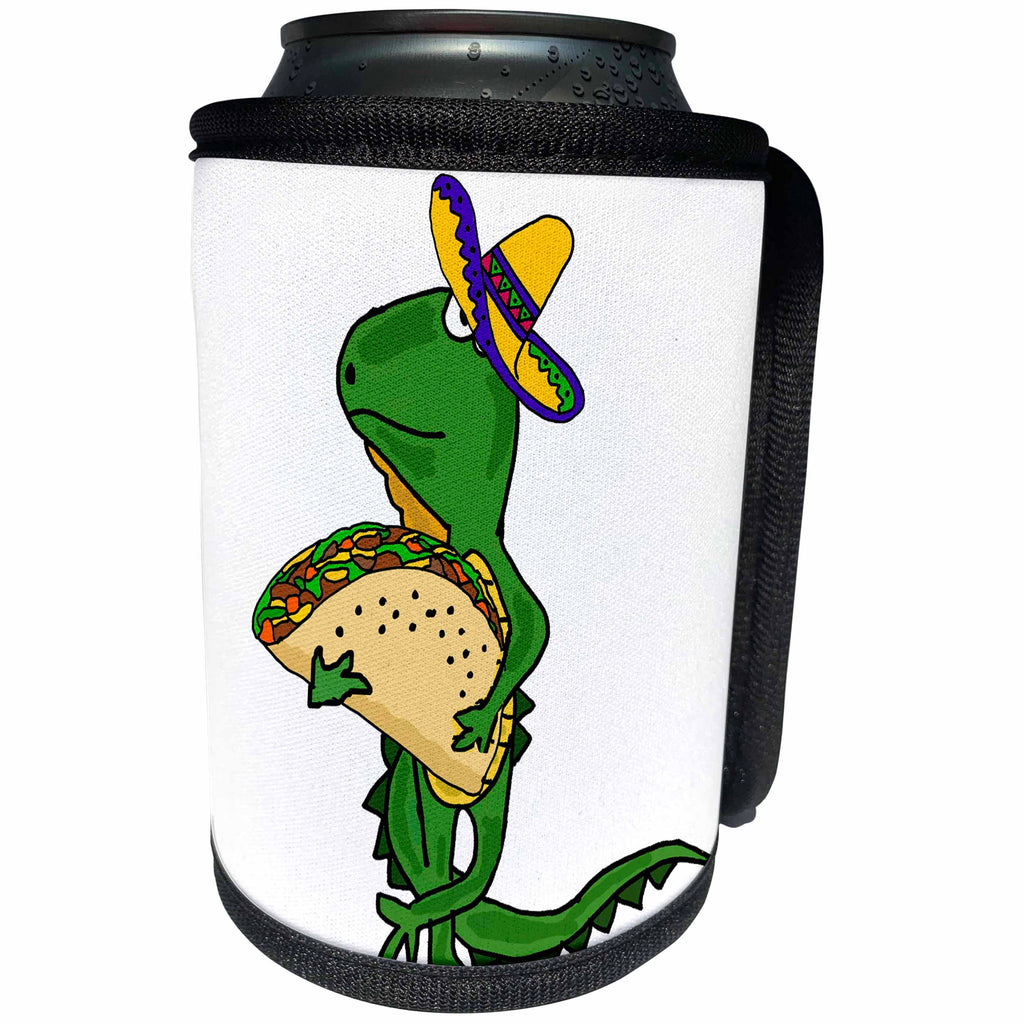 3dRose All Smiles Art Reptiles and Amphibians - Funny Cute Iguana wearing Sombrero and Eating Taco Cartoon - Can Cooler Bottle Wrap (cc_263811)