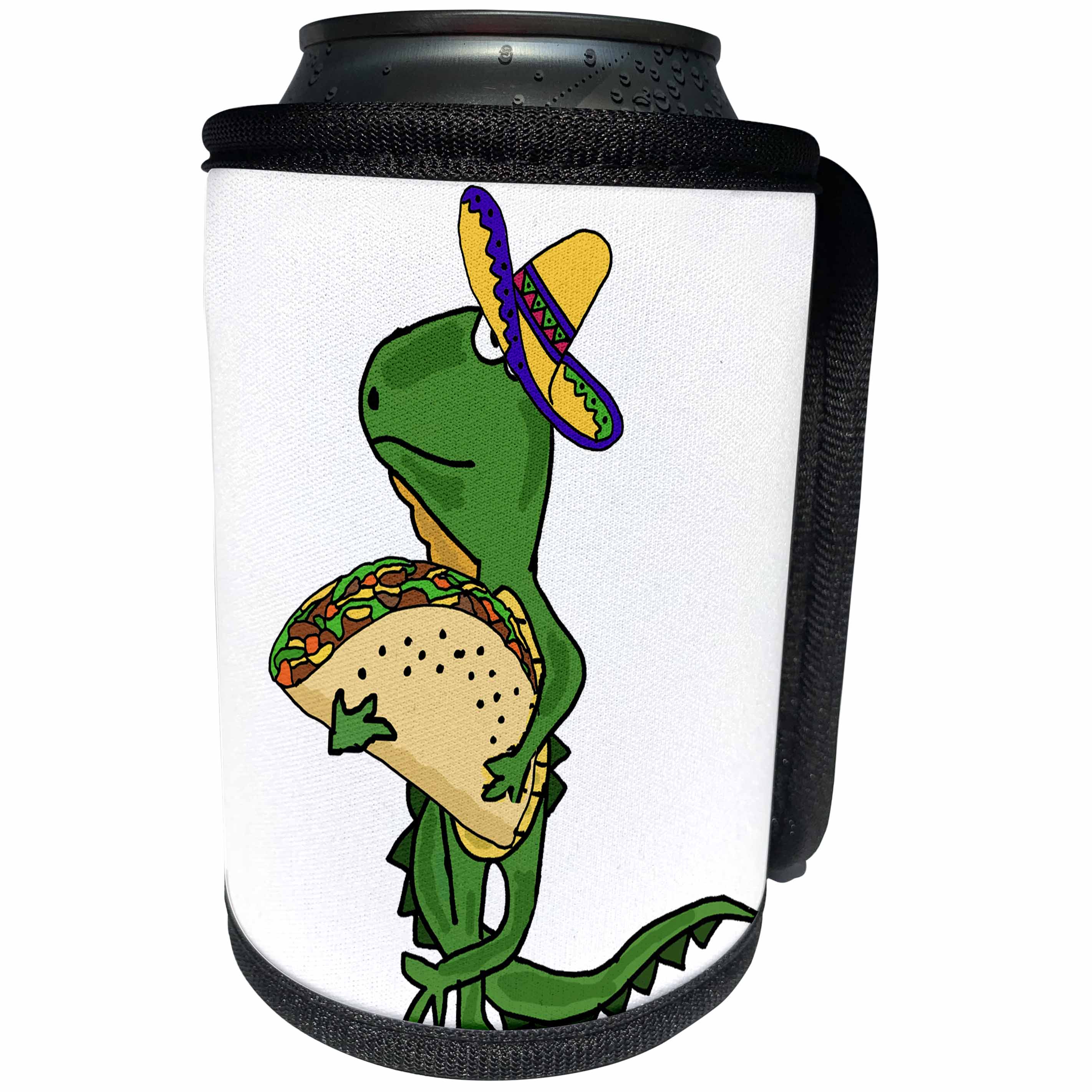 3dRose All Smiles Art Reptiles and Amphibians - Funny Cute Iguana wearing Sombrero and Eating Taco Cartoon - Can Cooler Bottle Wrap (cc_263811)