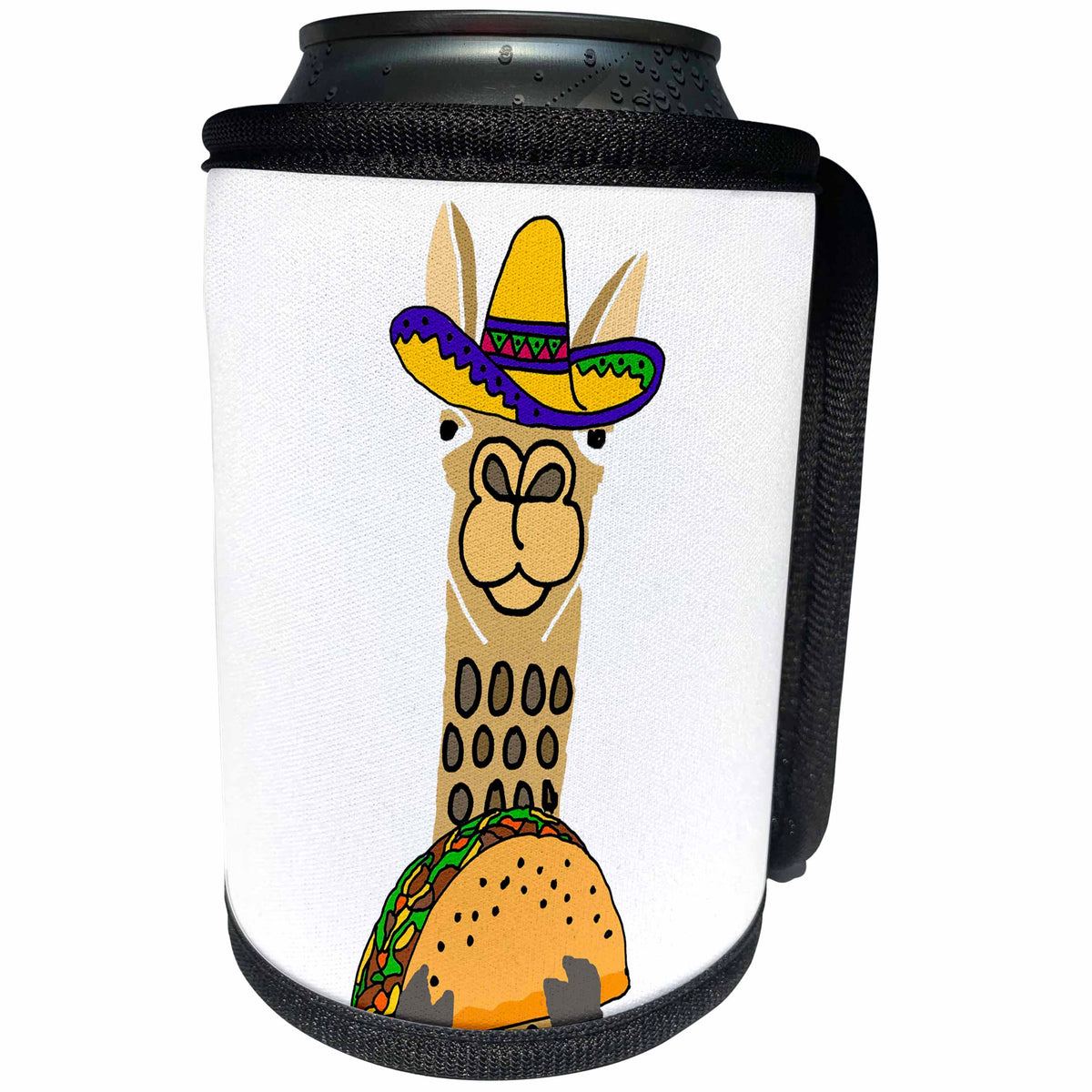3dRose All Smiles Art Animals - Funny Cute Llama wearing Sombrero and eating Taco Cartoon - Can Cooler Bottle Wrap (cc_263812)