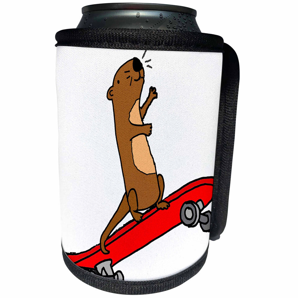 3dRose All Smiles Art Sports and Hobbies - Funny Cute Sea Otter Skateboarding on Red Skateboard Cartoon - Can Cooler Bottle Wrap (cc_263814)