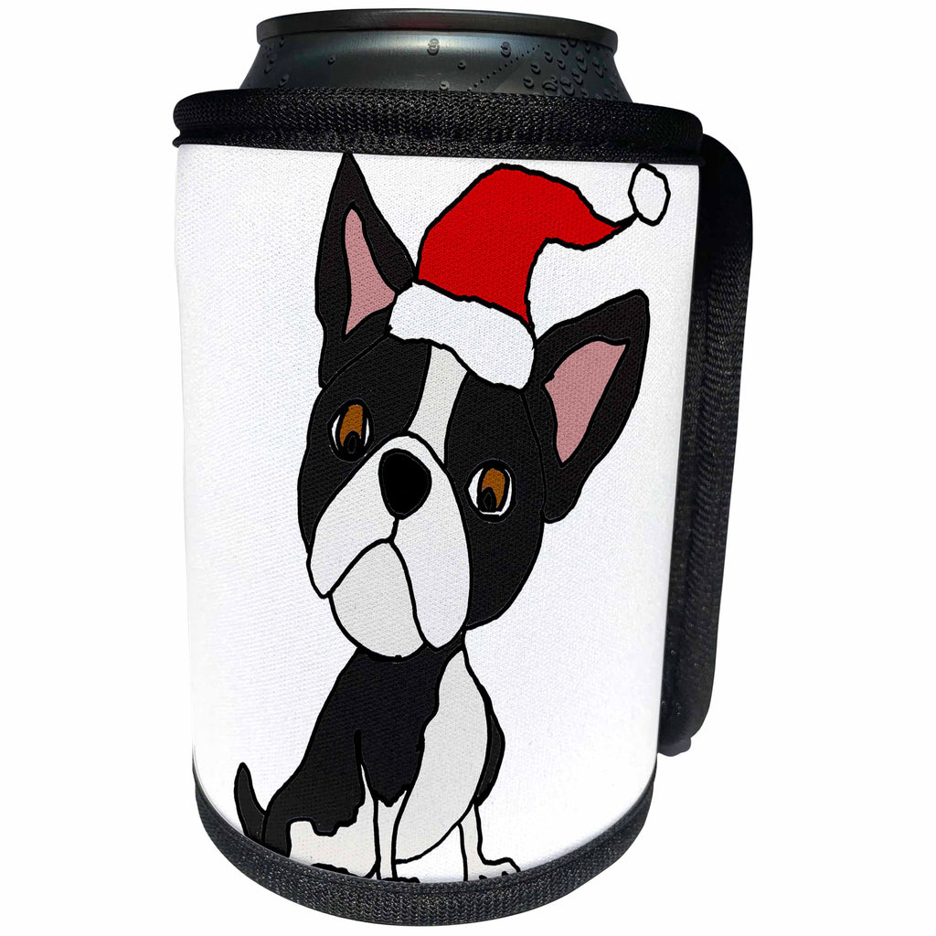 3dRose All Smiles Art Christmas - Cute Funny Boston Terrier Dog in Santa Hat Christmas Art - Can Cooler Bottle Wrap (cc_263822)