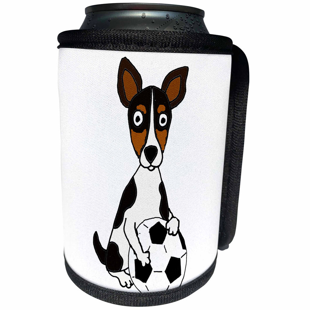 3dRose All Smiles Art Sports and Hobbies - Amusing Cute Rat Terrier Dog Playing Soccer - Can Cooler Bottle Wrap (cc_263824)