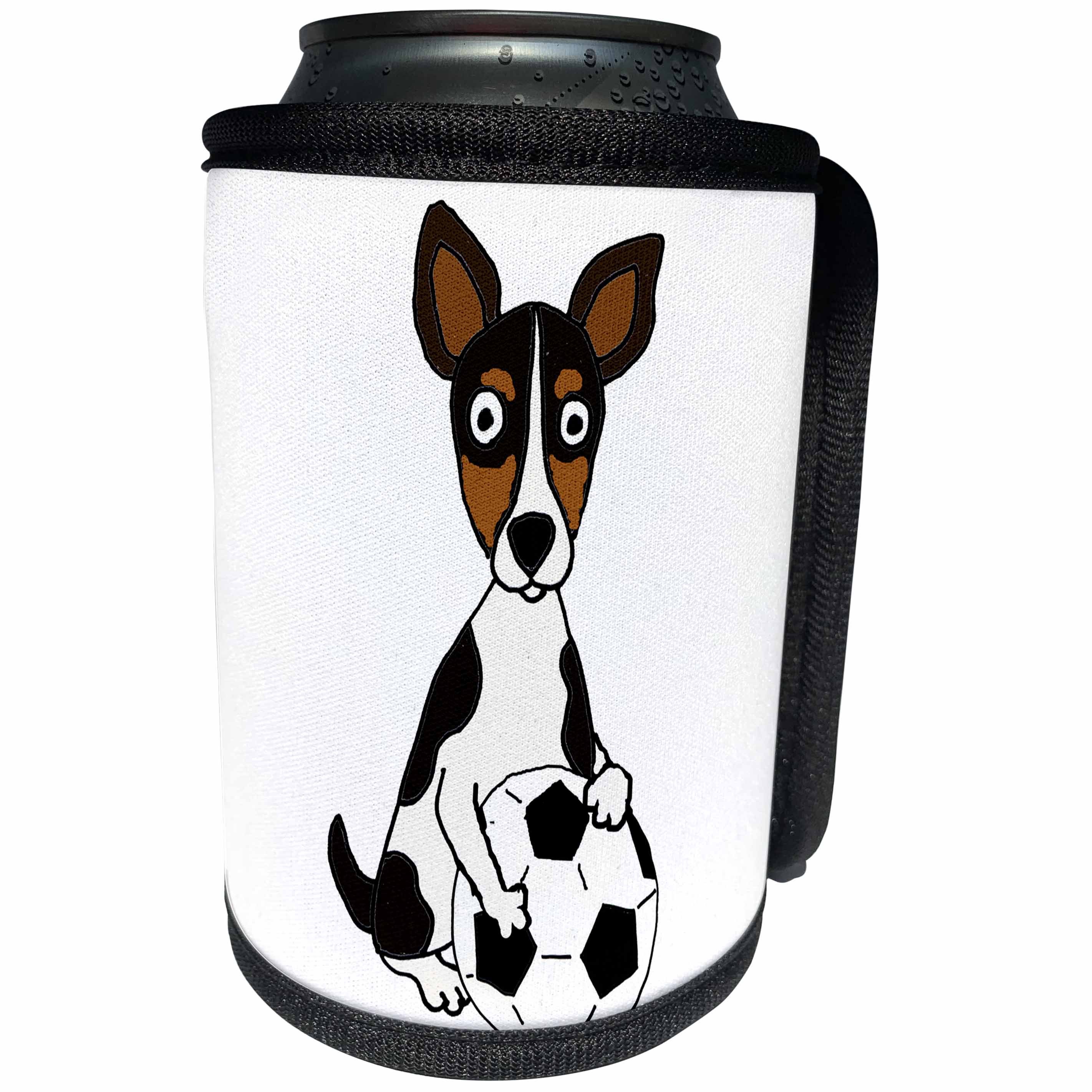 3dRose All Smiles Art Sports and Hobbies - Amusing Cute Rat Terrier Dog Playing Soccer - Can Cooler Bottle Wrap (cc_263824)