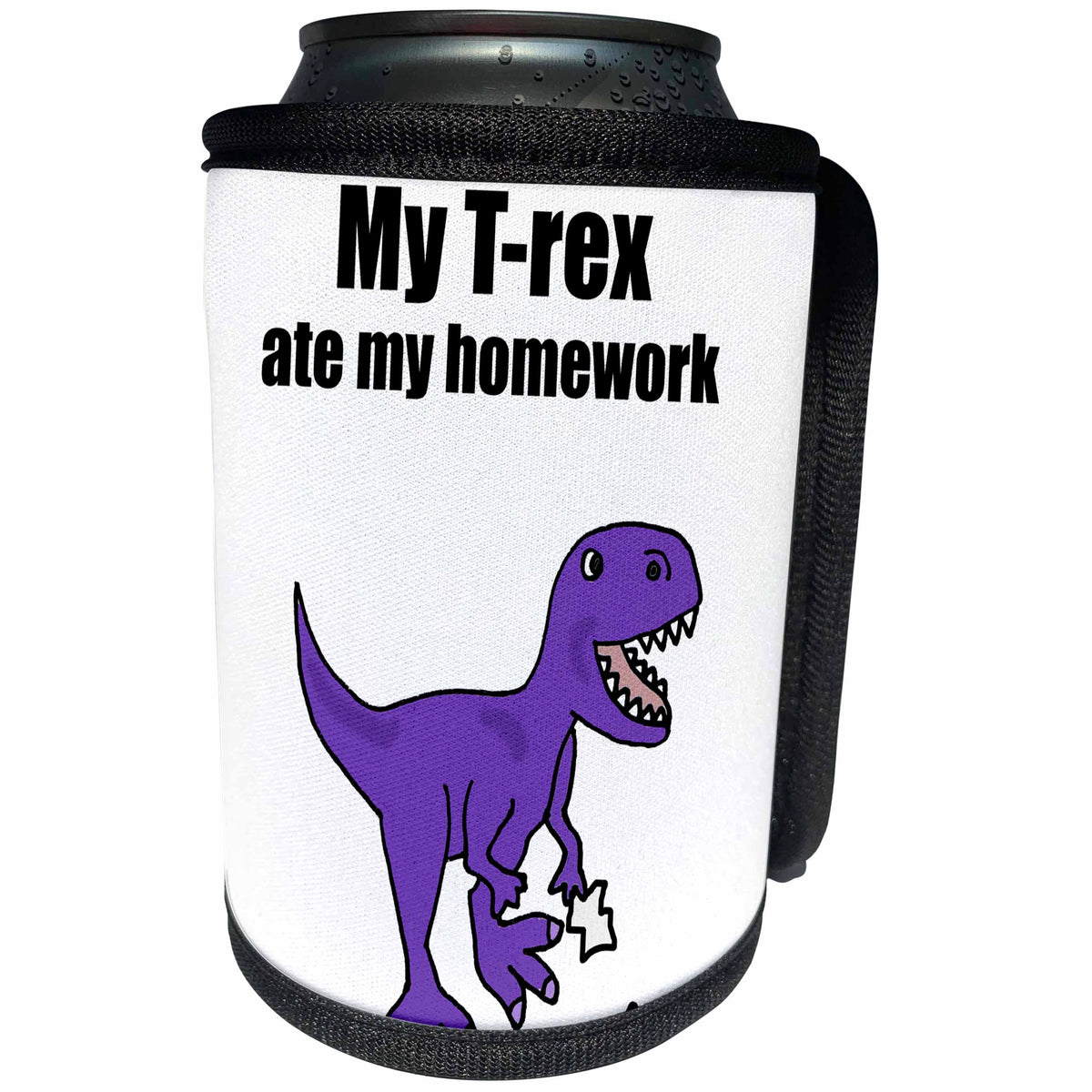 3dRose All Smiles Art Dinosaurs - Funny Cute T-Rex Dinosaur ate my Homework - Can Cooler Bottle Wrap (cc_263826)