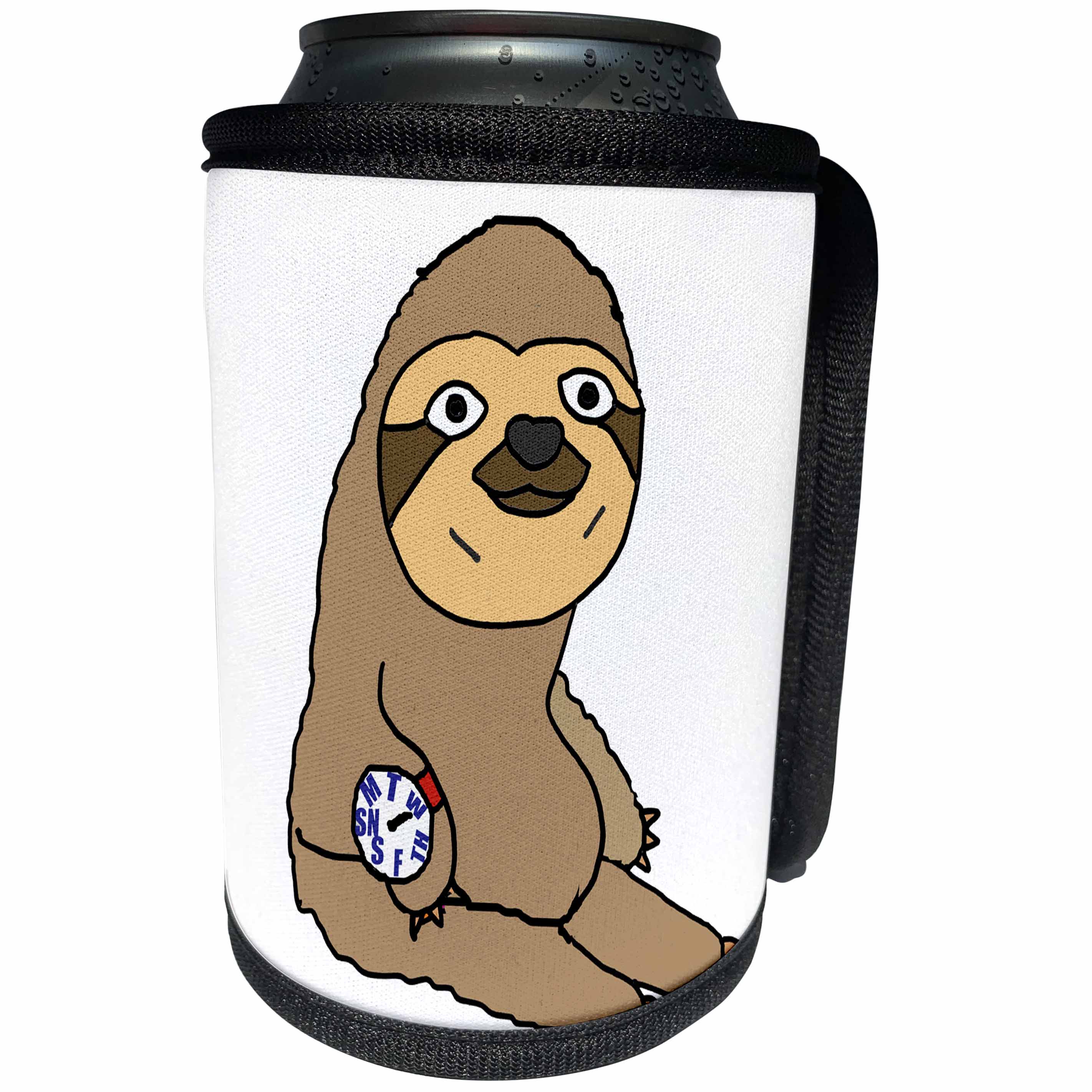3dRose All Smiles Art Animals - Cute Funny Sloth wearing Daily not Hourly Wristwatch Cartoon - Can Cooler Bottle Wrap (cc_263829)