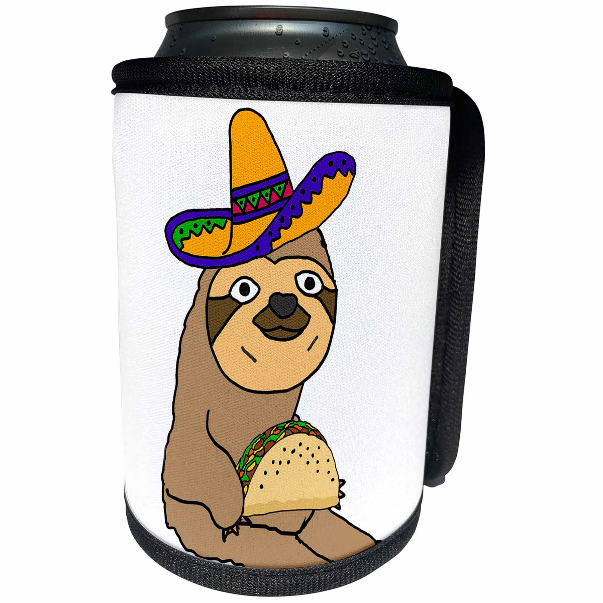 3dRose All Smiles Art Animals - Amusing Cute Sloth wearing Sombrero and eating Taco Cartoon - Can Cooler Bottle Wrap (cc_263830)