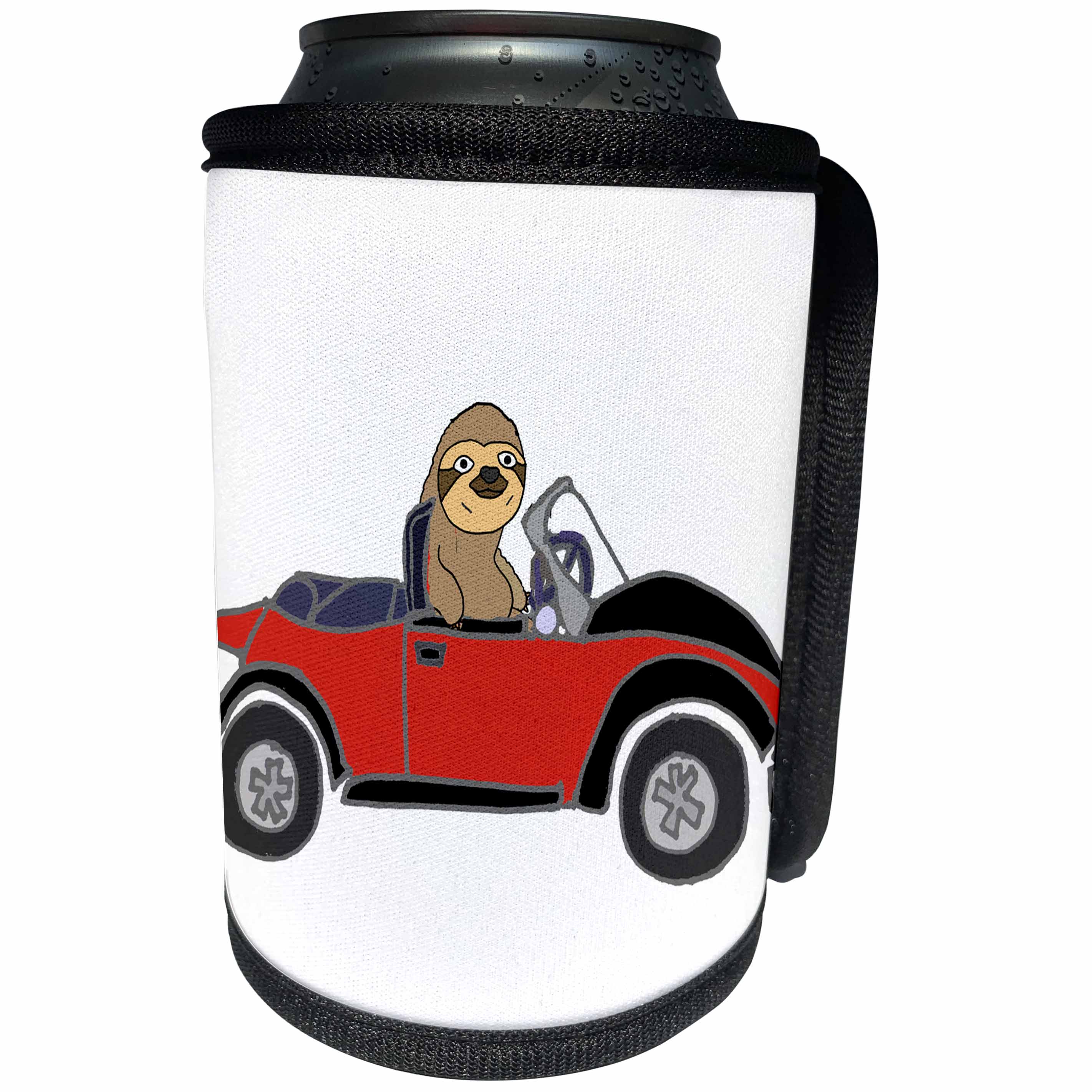 3dRose All Smiles Art Animals - Funny Cute Slow Sloth Driving Red Convertible Cartoon - Can Cooler Bottle Wrap (cc_263833)