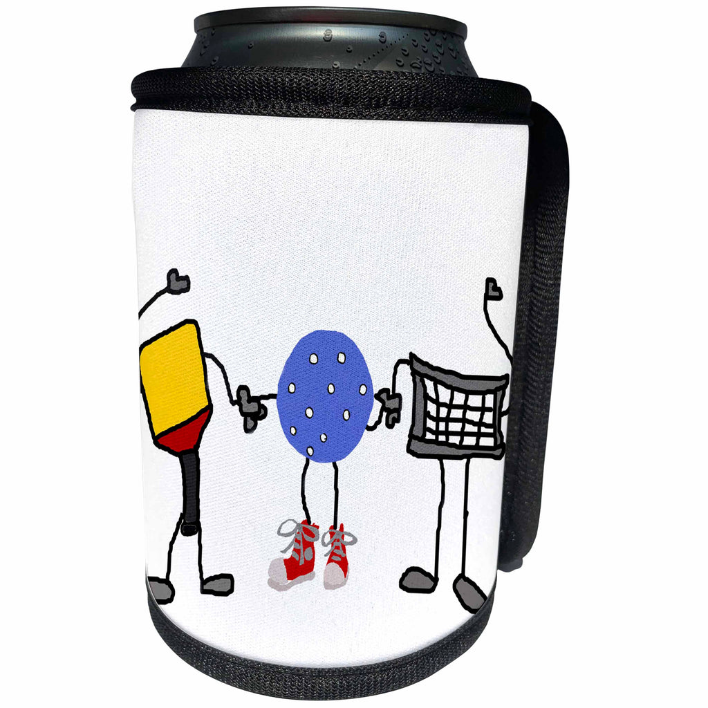 3dRose All Smiles Art Sports and Hobbies - Funny Pickleball Paddle, Ball, and Net Cartoon Characters - Can Cooler Bottle Wrap (cc_263839)