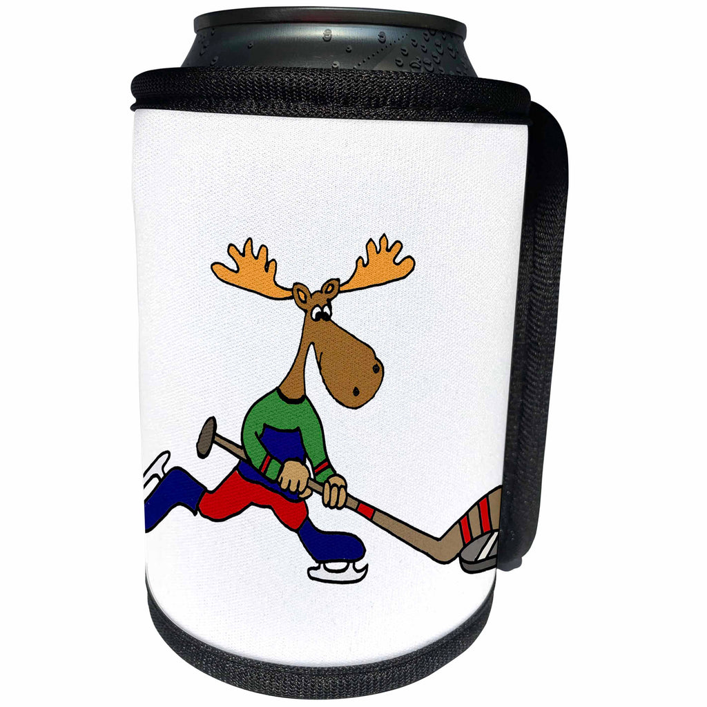 3dRose All Smiles Art Sports and Hobbies - Funny Cute Moose Playing Ice Hockey Cartoon - Can Cooler Bottle Wrap (cc_263841)