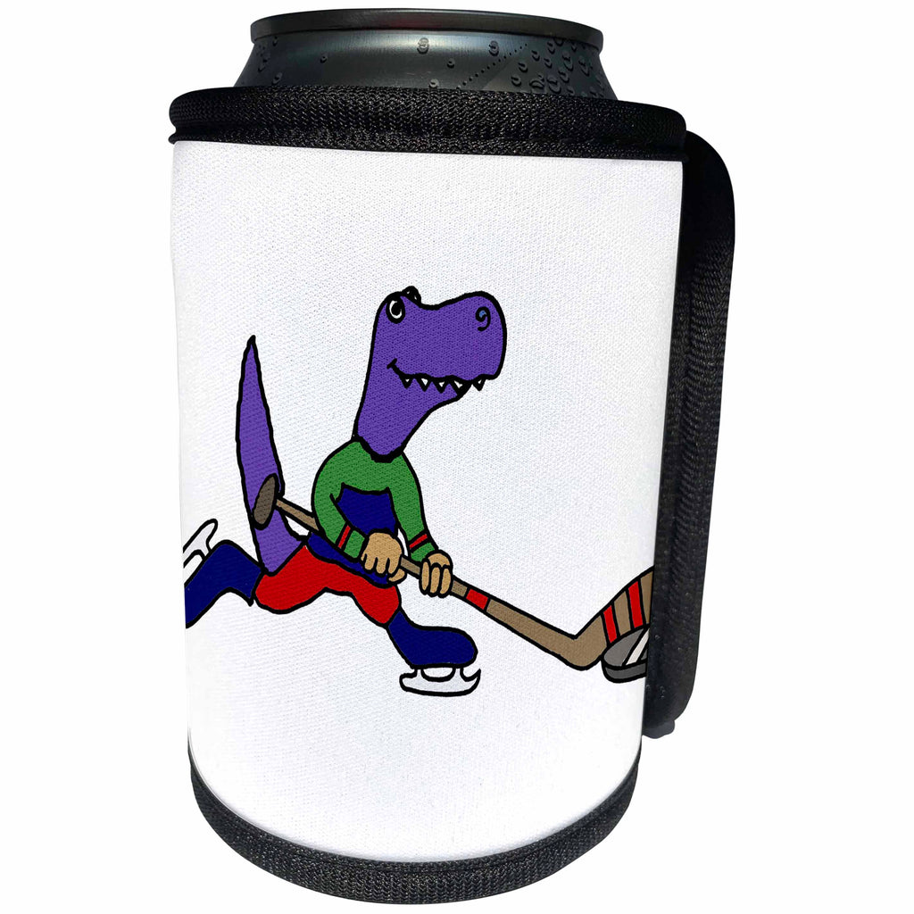 3dRose All Smiles Art Sports and Hobbies - Cool Funny T-rex Dinosaur Playing Ice Hockey Cartoon - Can Cooler Bottle Wrap (cc_263842)