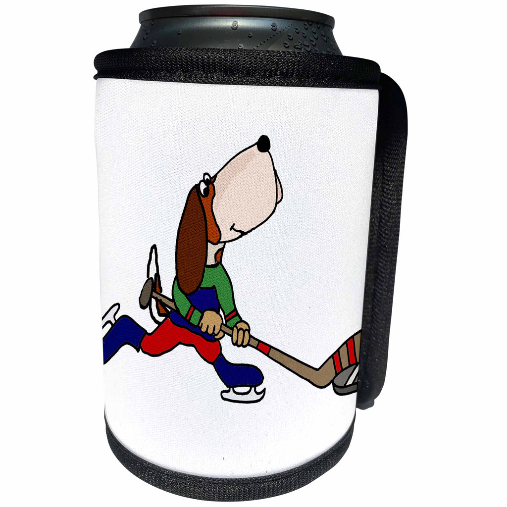 3dRose All Smiles Art Sports and Hobbies - Cute Funny Basset Hound Dog Playing Ice Hockey Cartoon - Can Cooler Bottle Wrap (cc_263843)