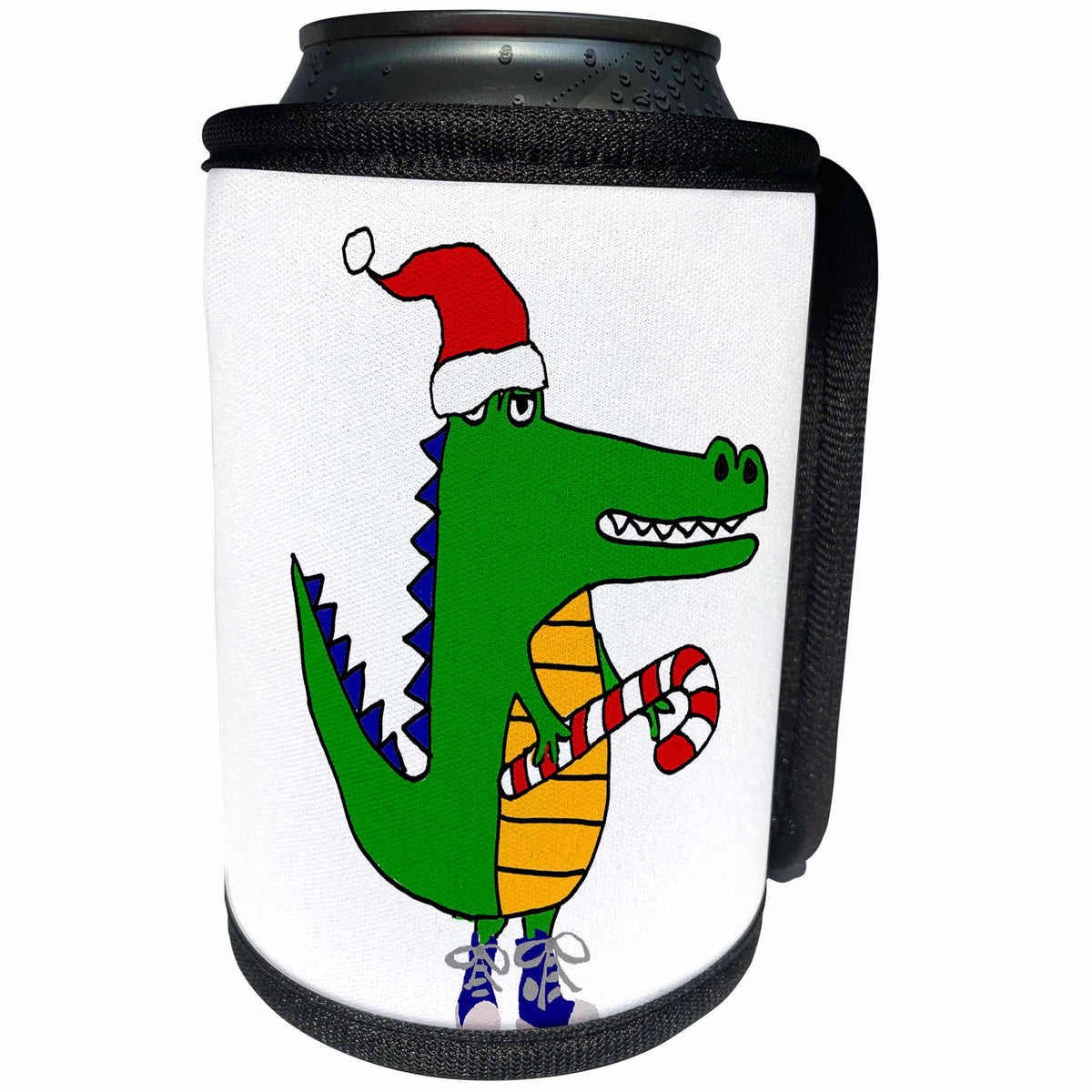3dRose All Smiles Art Christmas - Silly Funny Alligator in Santa Hat with Candy Cane Christmas Art - Can Cooler Bottle Wrap (cc_263844)