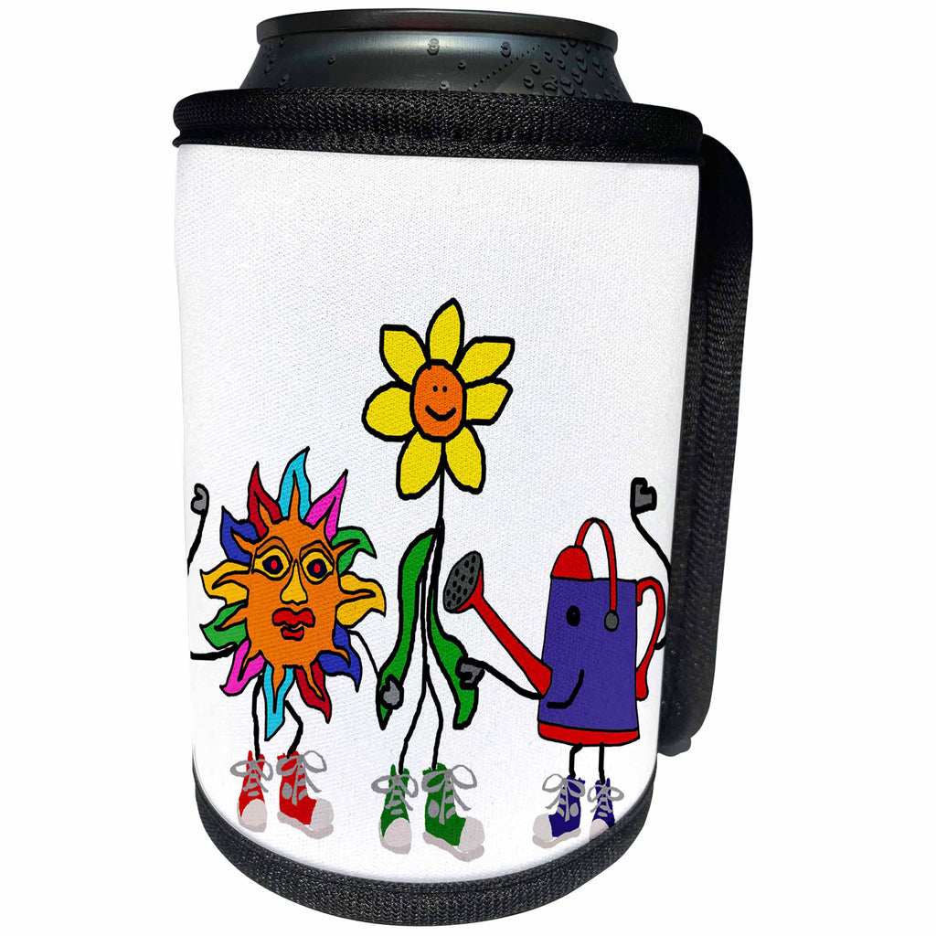 3dRose All Smiles Art Sports and Hobbies - Cute Funny Watering Can, Sun, and Flower Gardening Friends - Can Cooler Bottle Wrap (cc_263847)
