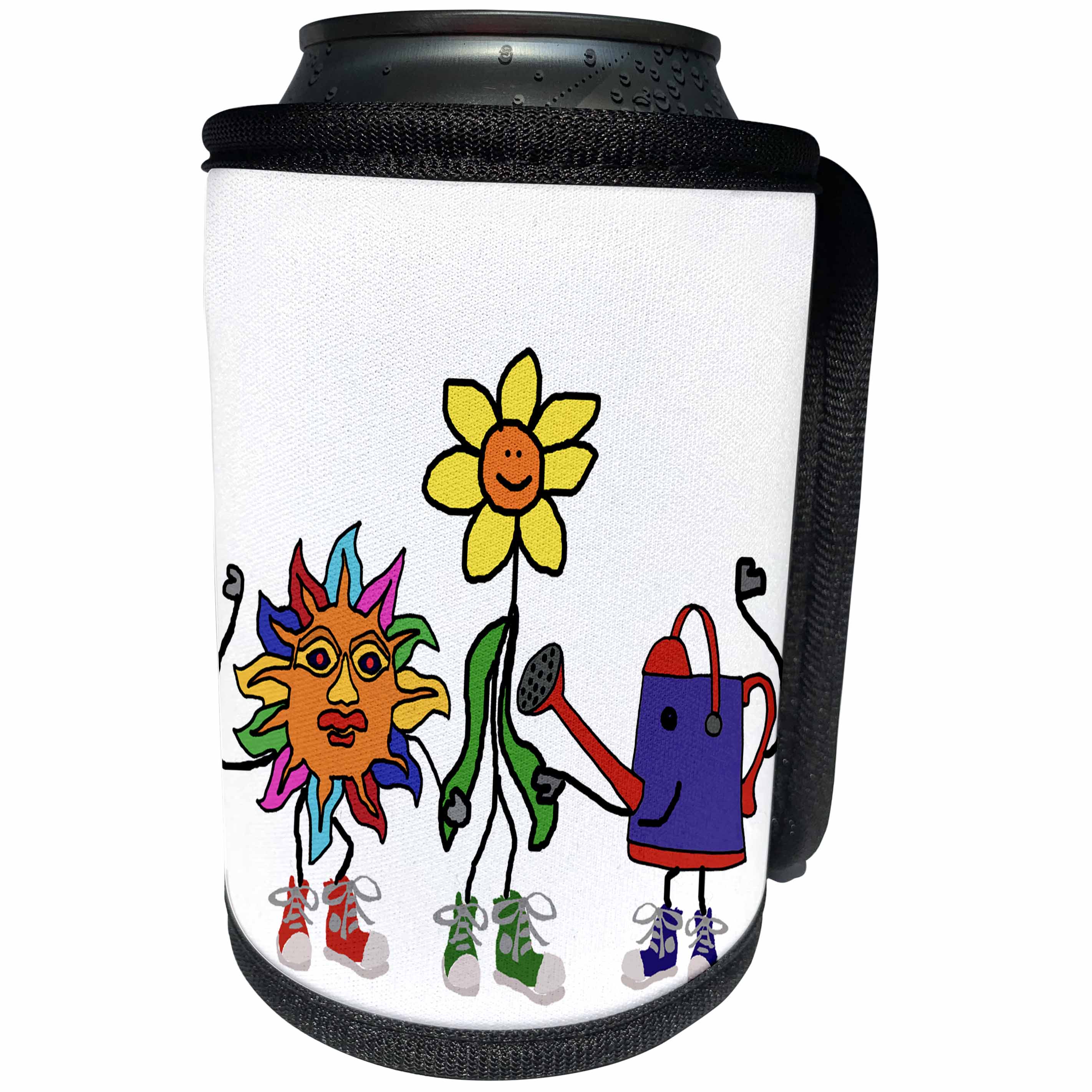 3dRose All Smiles Art Sports and Hobbies - Cute Funny Watering Can, Sun, and Flower Gardening Friends - Can Cooler Bottle Wrap (cc_263847)
