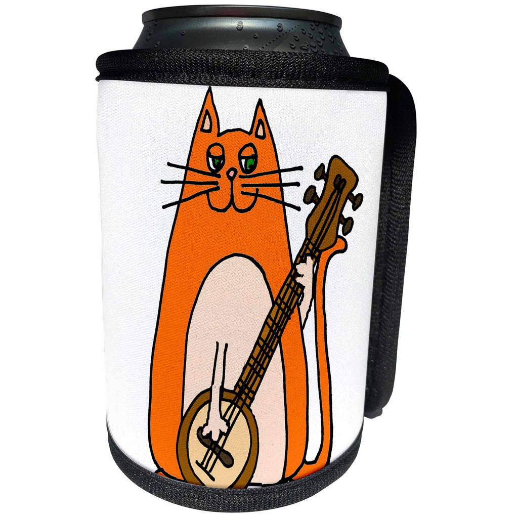 3dRose All Smiles Art Pets - Funny Cool Orange Cat Playing Banjo Cartoon - Can Cooler Bottle Wrap (cc_263850)