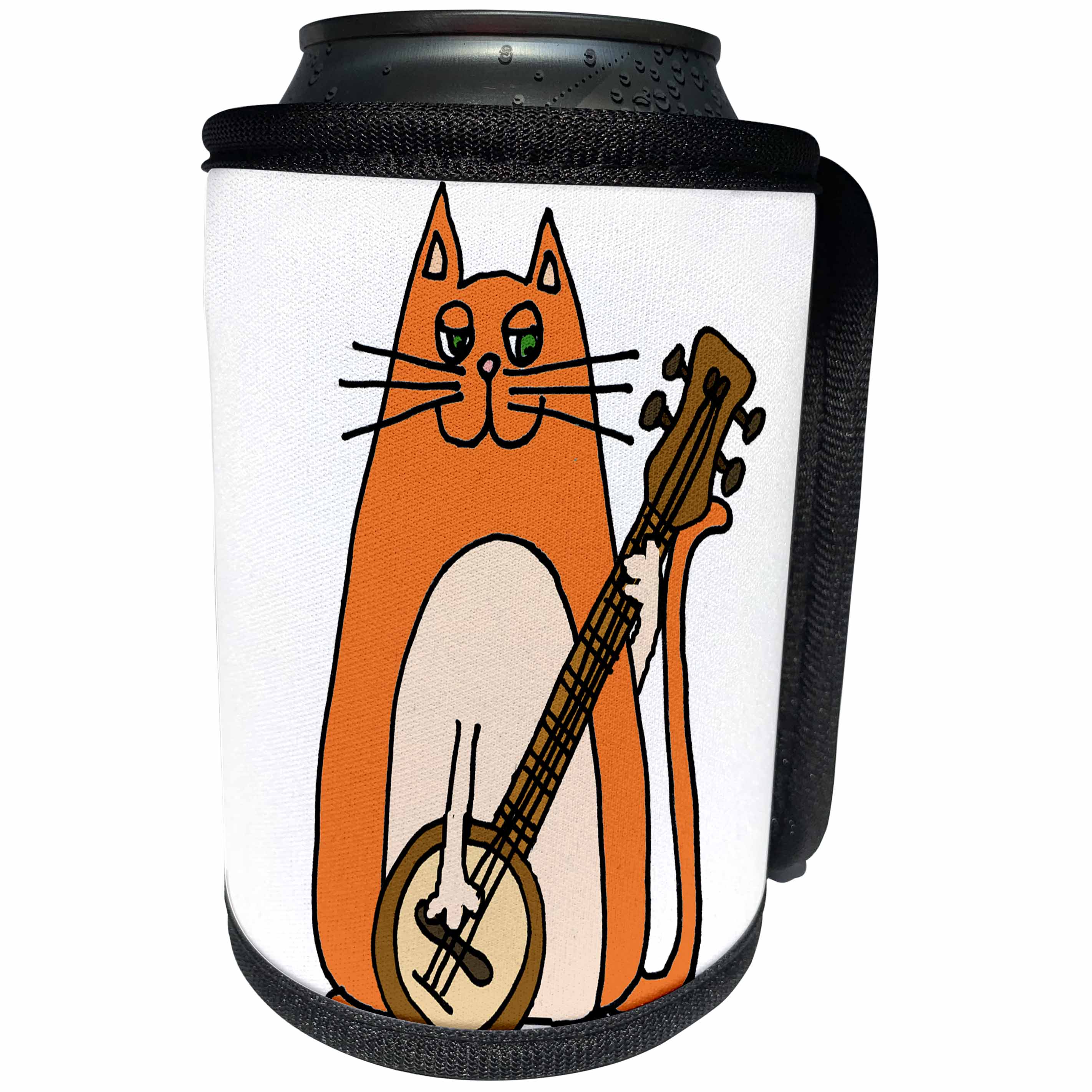3dRose All Smiles Art Pets - Funny Cool Orange Cat Playing Banjo Cartoon - Can Cooler Bottle Wrap (cc_263850)
