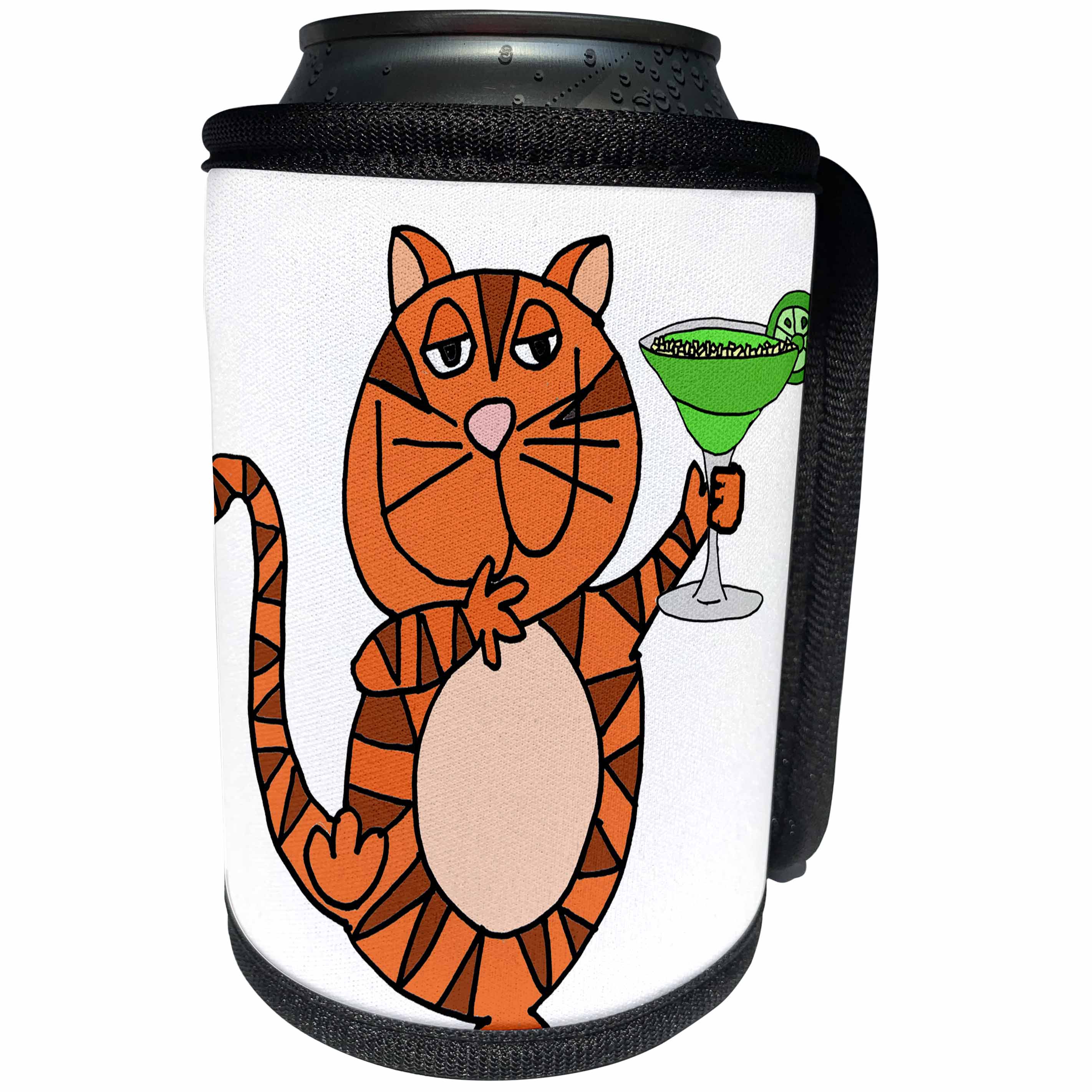 3dRose All Smiles Art Pets - Cute Funny Orange Tabby Cat Drinking Margarita Cartoon - Can Cooler Bottle Wrap (cc_263854)