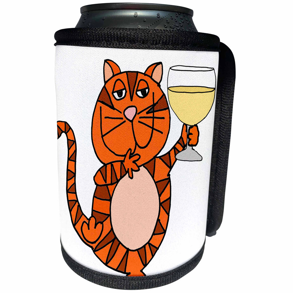 3dRose All Smiles Art Pets - Amusing Cute Orange Tabby Cat Drinking White Wine Cartoon - Can Cooler Bottle Wrap (cc_263855)