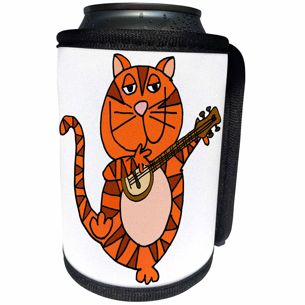 3dRose All Smiles Art Pets - Funny Cool Orange Tabby Cat Playing Banjo Cartoon - Can Cooler Bottle Wrap (cc_263856)