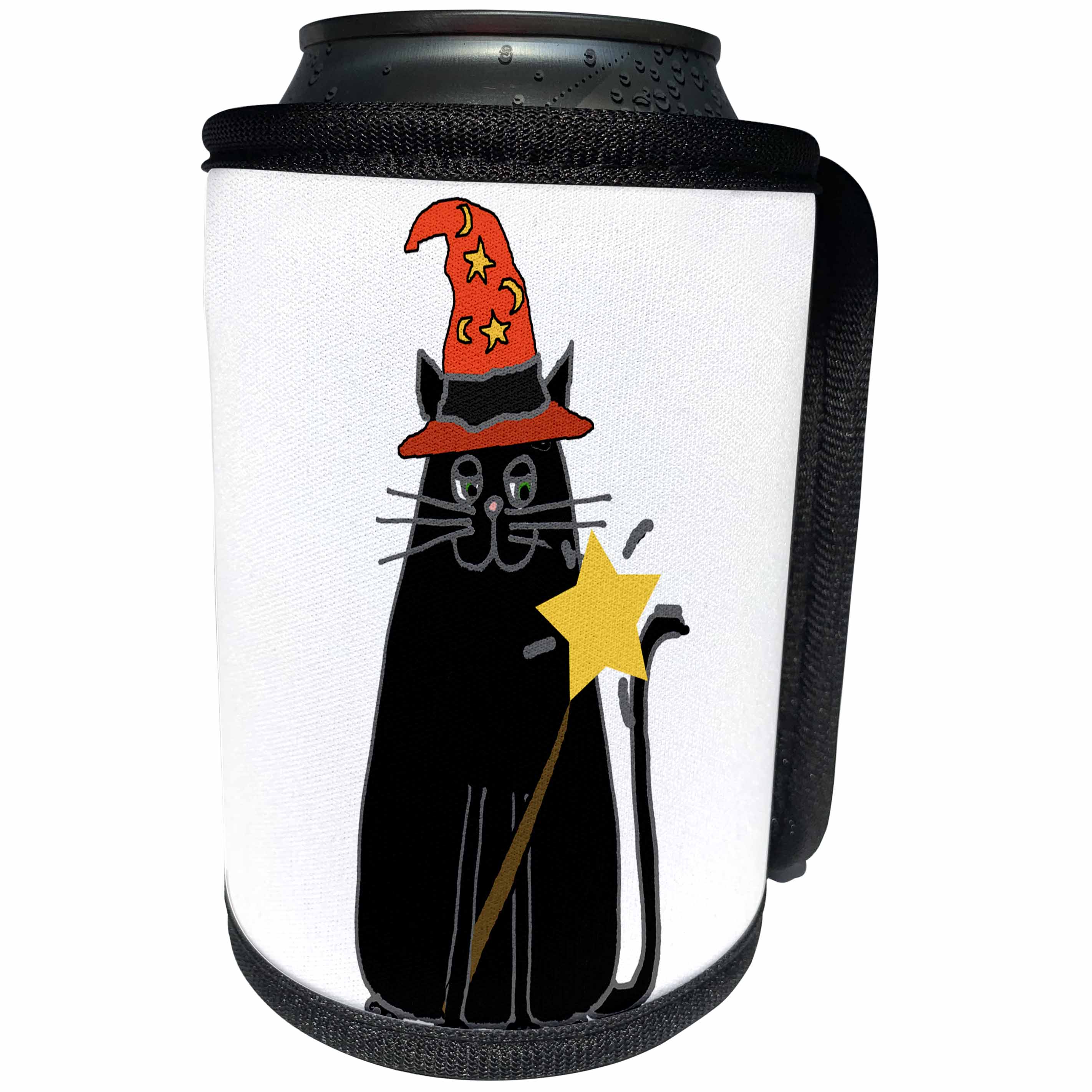 3dRose All Smiles Art Pets - Funny Cool Black Cat in Witch hat with Magic Wand Halloween - Can Cooler Bottle Wrap (cc_263862)