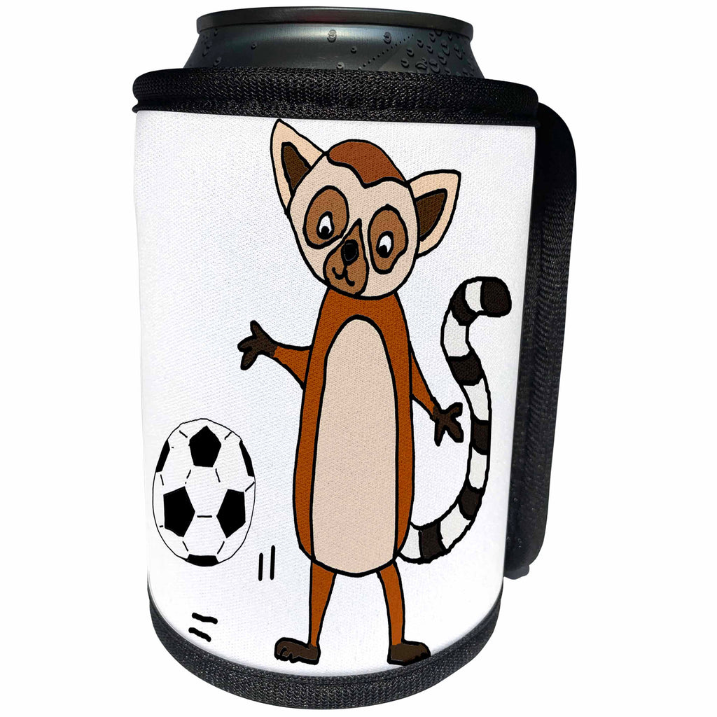 3dRose All Smiles Art Sports and Hobbies - Funny Cute Lemur Playing Soccer Sport Cartoon - Can Cooler Bottle Wrap (cc_263865)