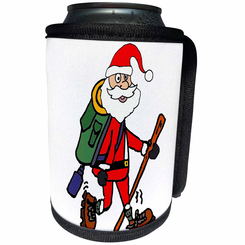 3dRose All Smiles Art Christmas - Funny Cute Santa Claus Hiking Christmas Cartoon - Can Cooler Bottle Wrap (cc_263869)