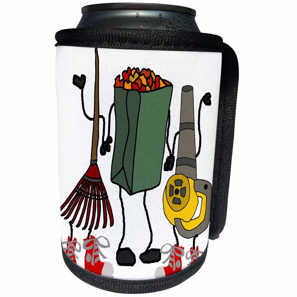 3dRose All Smiles Art Funny - Funny Cute Leaf Blower, Rake, and Leaf Bag Cartoon Characters - Can Cooler Bottle Wrap (cc_263876)