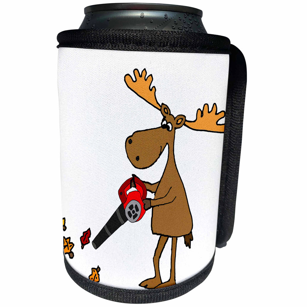 3dRose All Smiles Art Animals - Funny Cute Moose using Leaf Blower Yard Work Cartoon - Can Cooler Bottle Wrap (cc_263877)