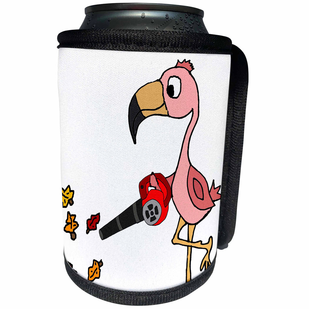 3dRose All Smiles Art Birds - Funny Cute Pink Flamingo Bird using Leaf Blower Cartoon - Can Cooler Bottle Wrap (cc_263878)
