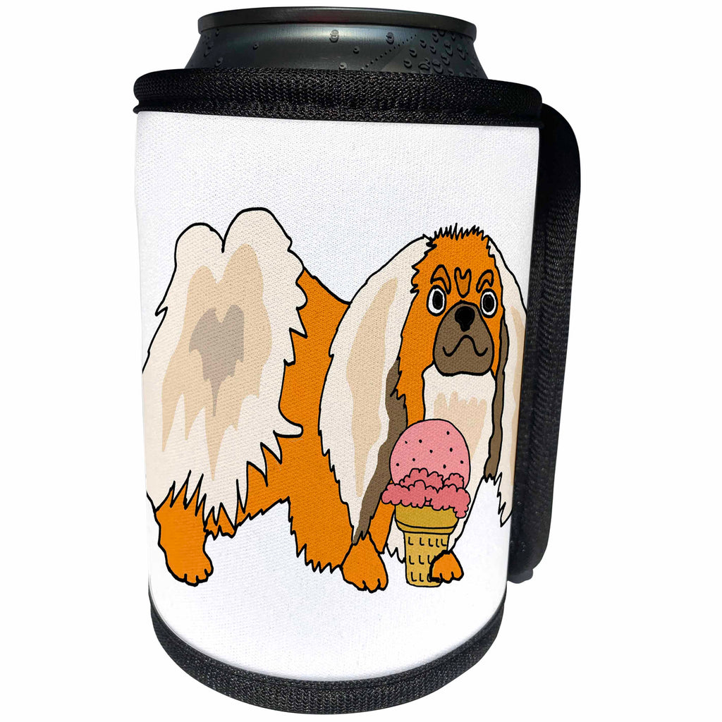 3dRose All Smiles Art Pets - Funny Cute Pekingese Puppy Dog eating Ice Cream Cartoon Art - Can Cooler Bottle Wrap (cc_263884)