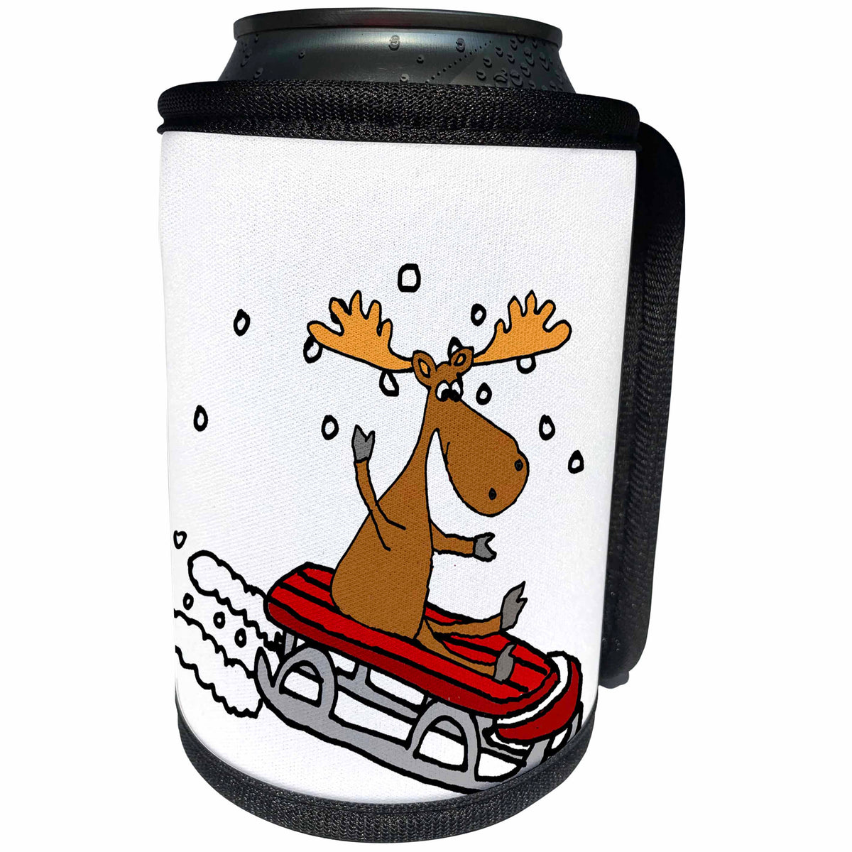 3dRose All Smiles Art Sports and Hobbies - Funny Cute Moose Sledding Cartoon - Can Cooler Bottle Wrap (cc_263887)