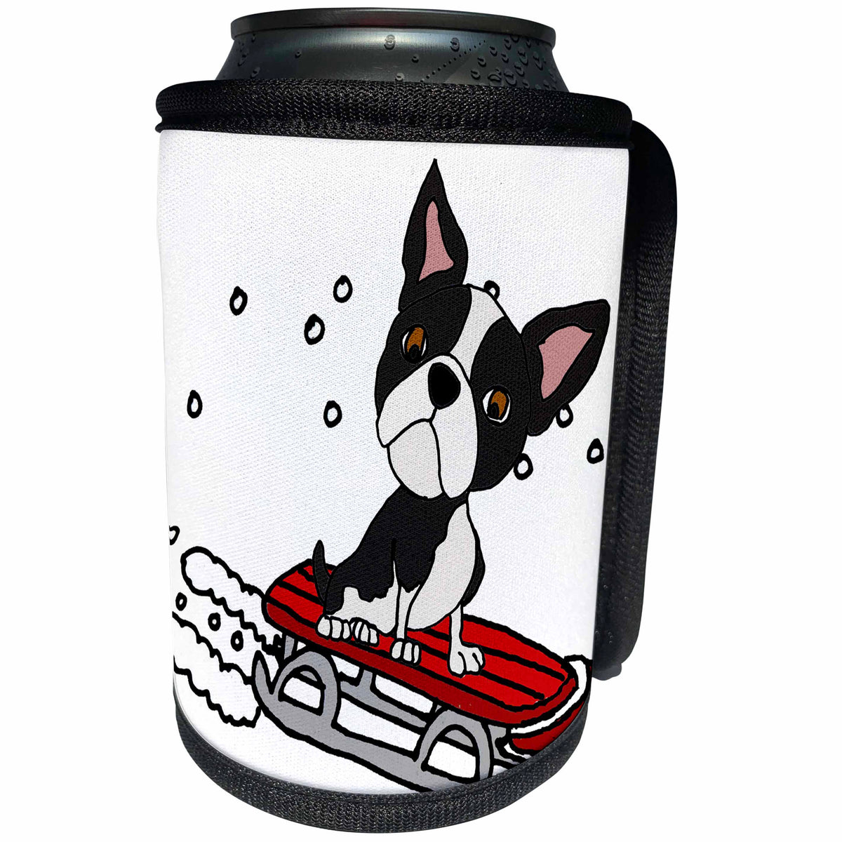 3dRose All Smiles Art Pets - Cute funny Boston Terrier Dog Sledding Cartoon - Can Cooler Bottle Wrap (cc_263889)