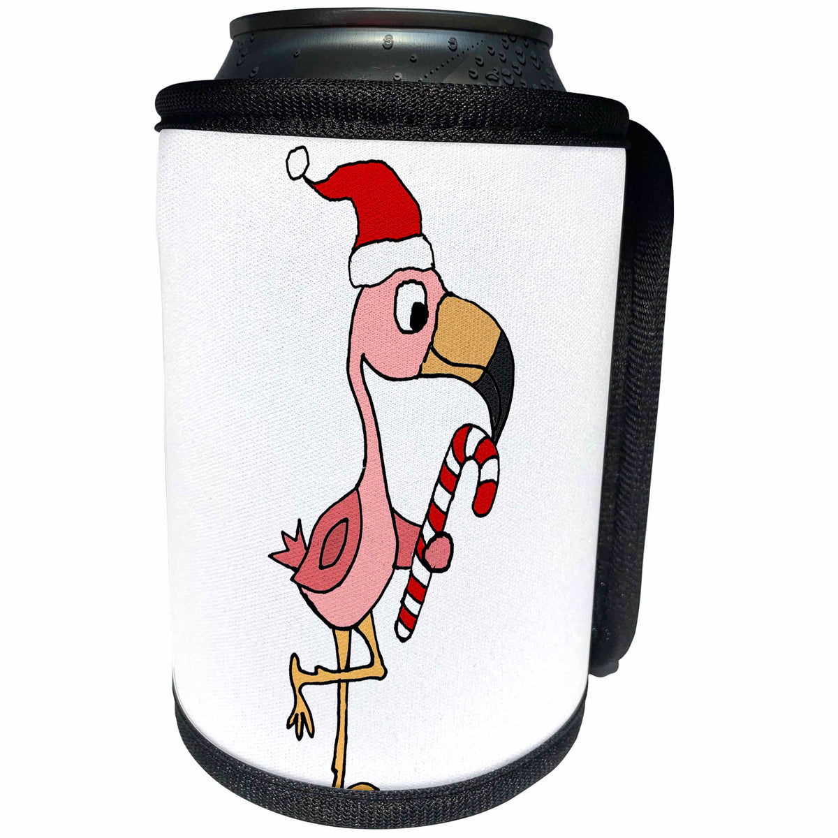 3dRose All Smiles Art Christmas - Funny Cool Pink Flamingo Bird in Santa hat Christmas Cartoon - Can Cooler Bottle Wrap (cc_263890)
