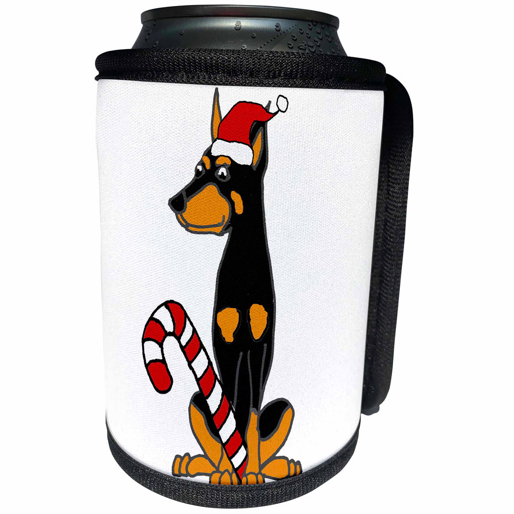 3dRose All Smiles Art Christmas - Cute Funny Doberman Pinscher Dog in Santa hat Christmas Art - Can Cooler Bottle Wrap (cc_263893)