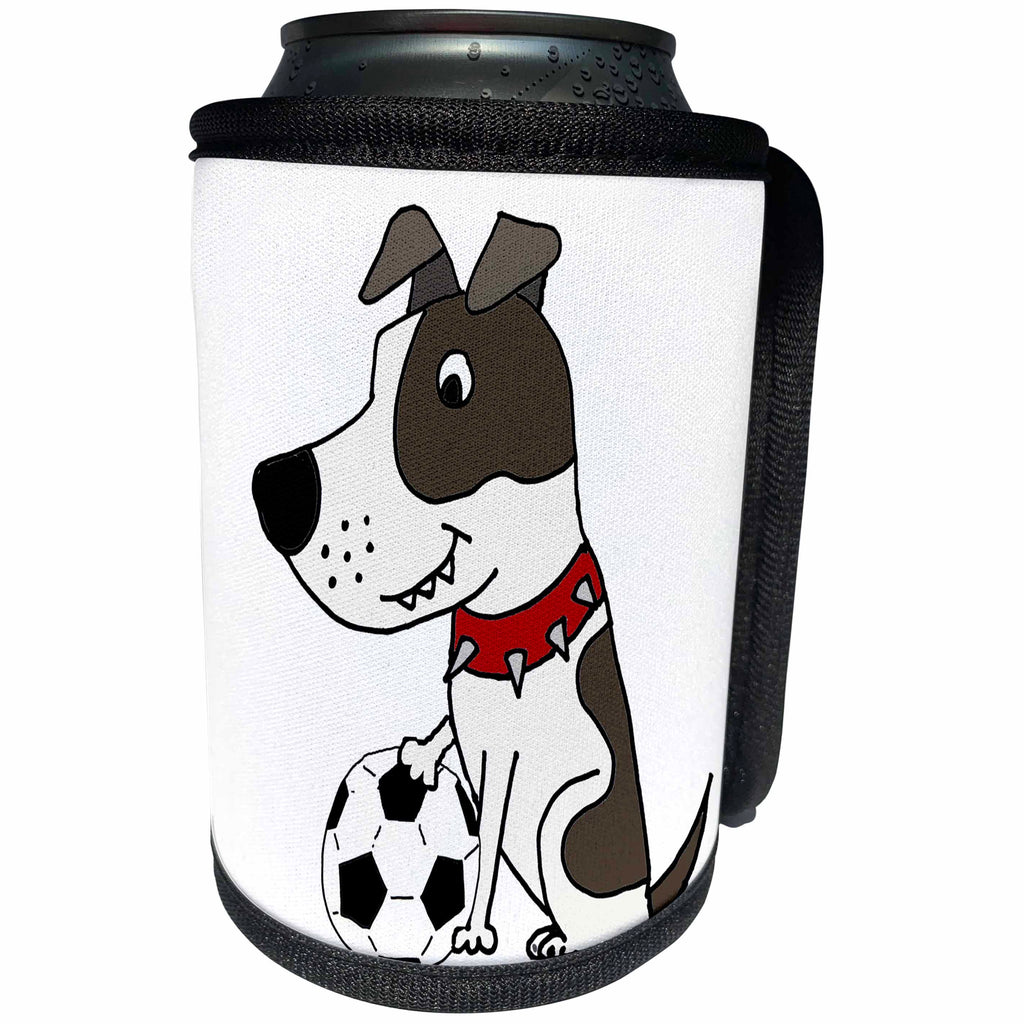 3dRose All Smiles Art Pets - Funny Cute Grey and White Pit Bull Puppy Dog Playing Soccer - Can Cooler Bottle Wrap (cc_263900)