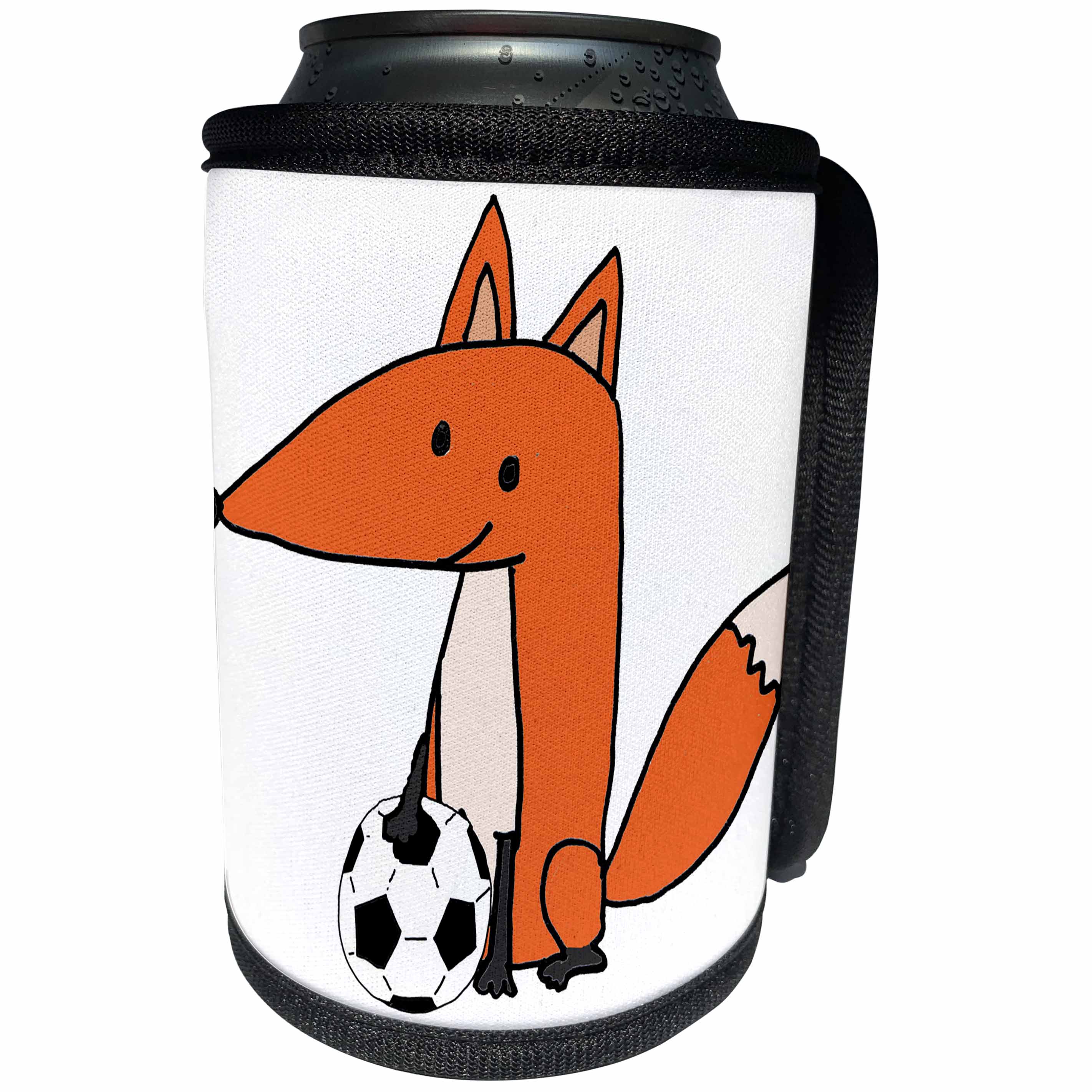 3dRose All Smiles Art Sports and Hobbies - Funny Cute Red Fox Playing Soccer Cartoon - Can Cooler Bottle Wrap (cc_263907)