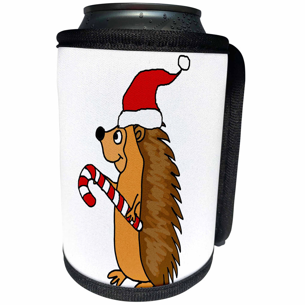 3dRose All Smiles Art Christmas - Funny Hedgehog in Santa Hat Christmas Cartoon - Can Cooler Bottle Wrap (cc_263915)